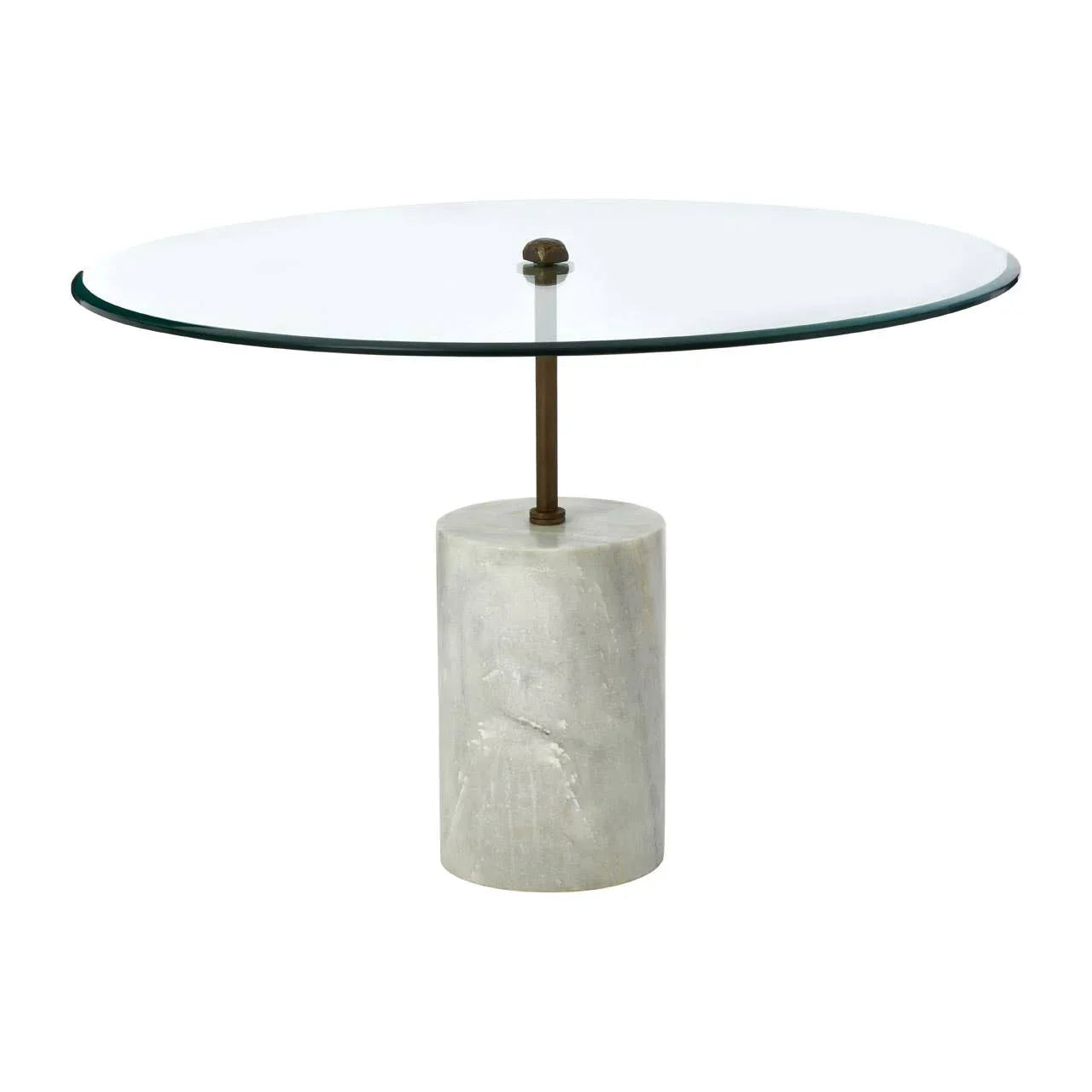 Round glass dining table with concrete cylindrical base and metal support