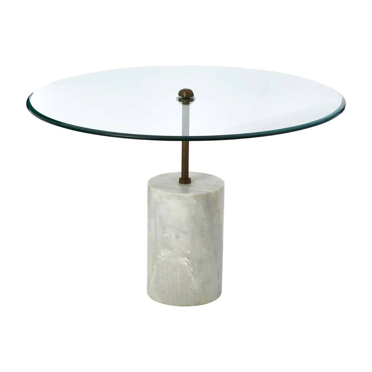 Round glass coffee table with concrete cylinder base and metal support