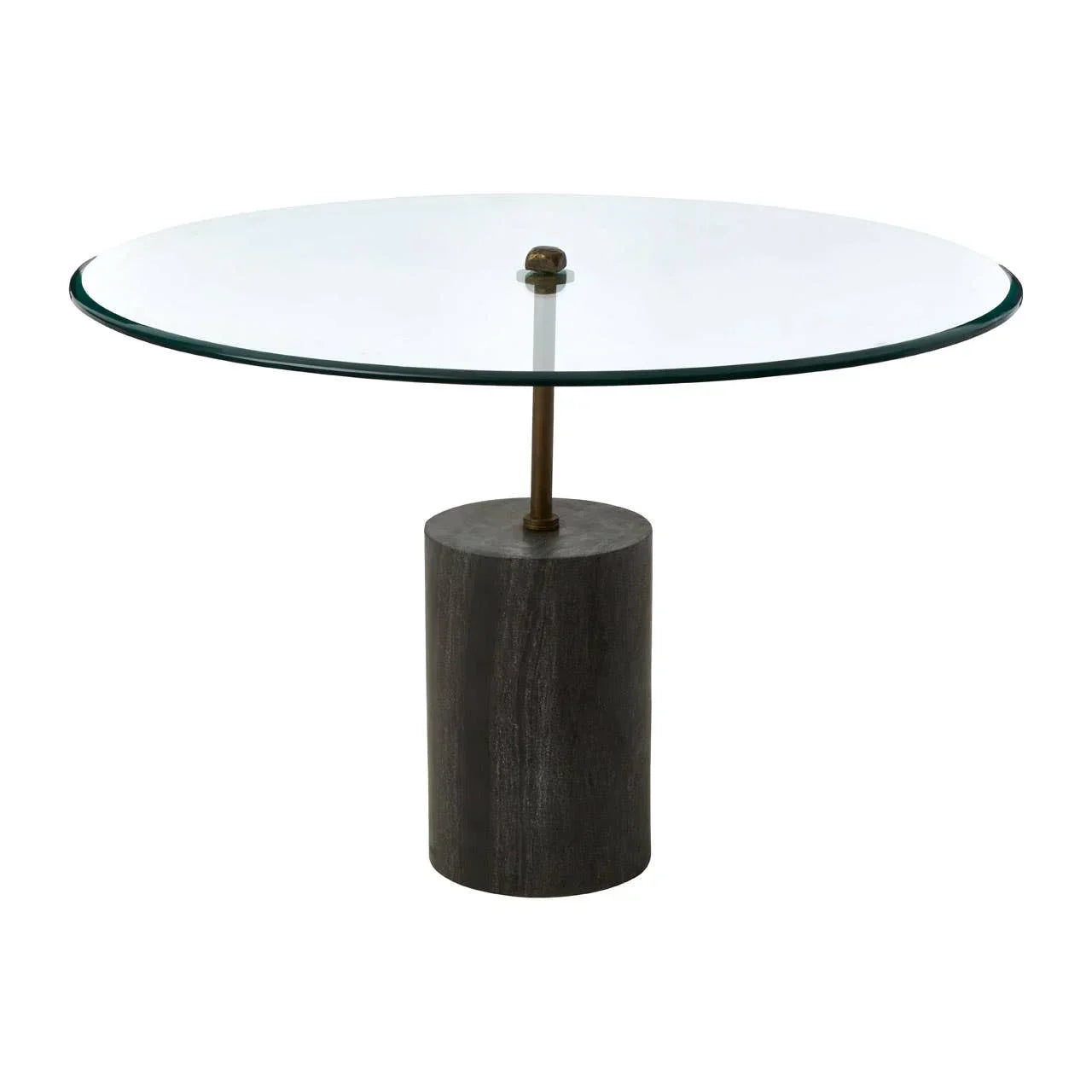 Round glass dining table with clear top and dark cylindrical wood base
