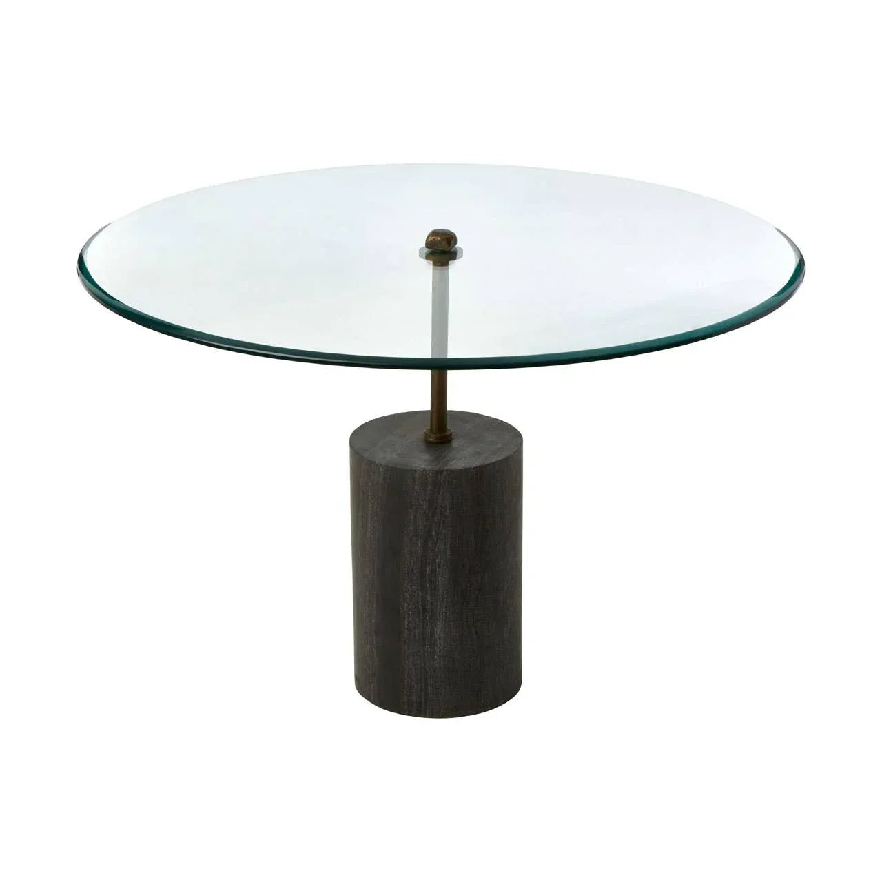Round glass coffee table with clear top and dark cylindrical wooden base