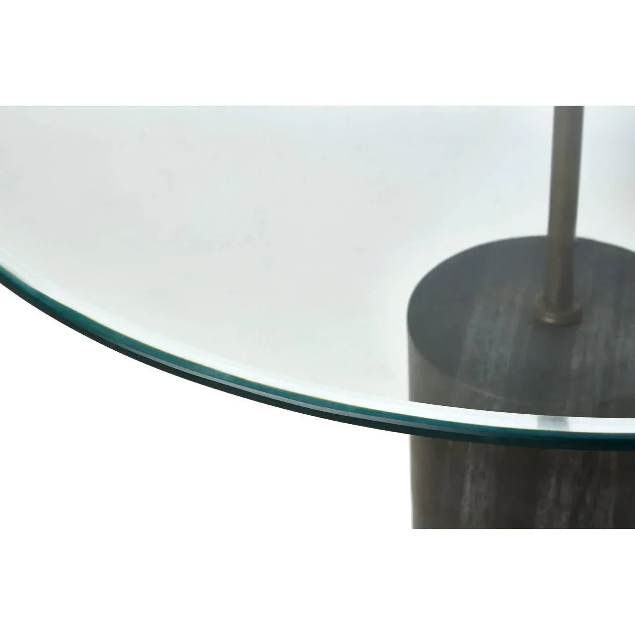 Round glass table top with metal support and dark wood base detail