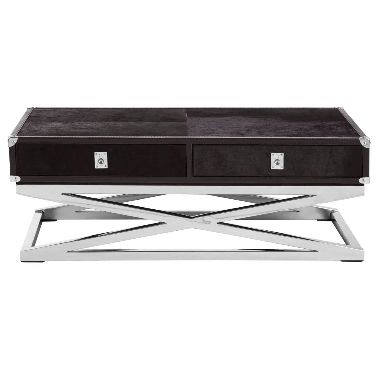 Modern coffee table with black finish, chrome cross base, and two front drawers