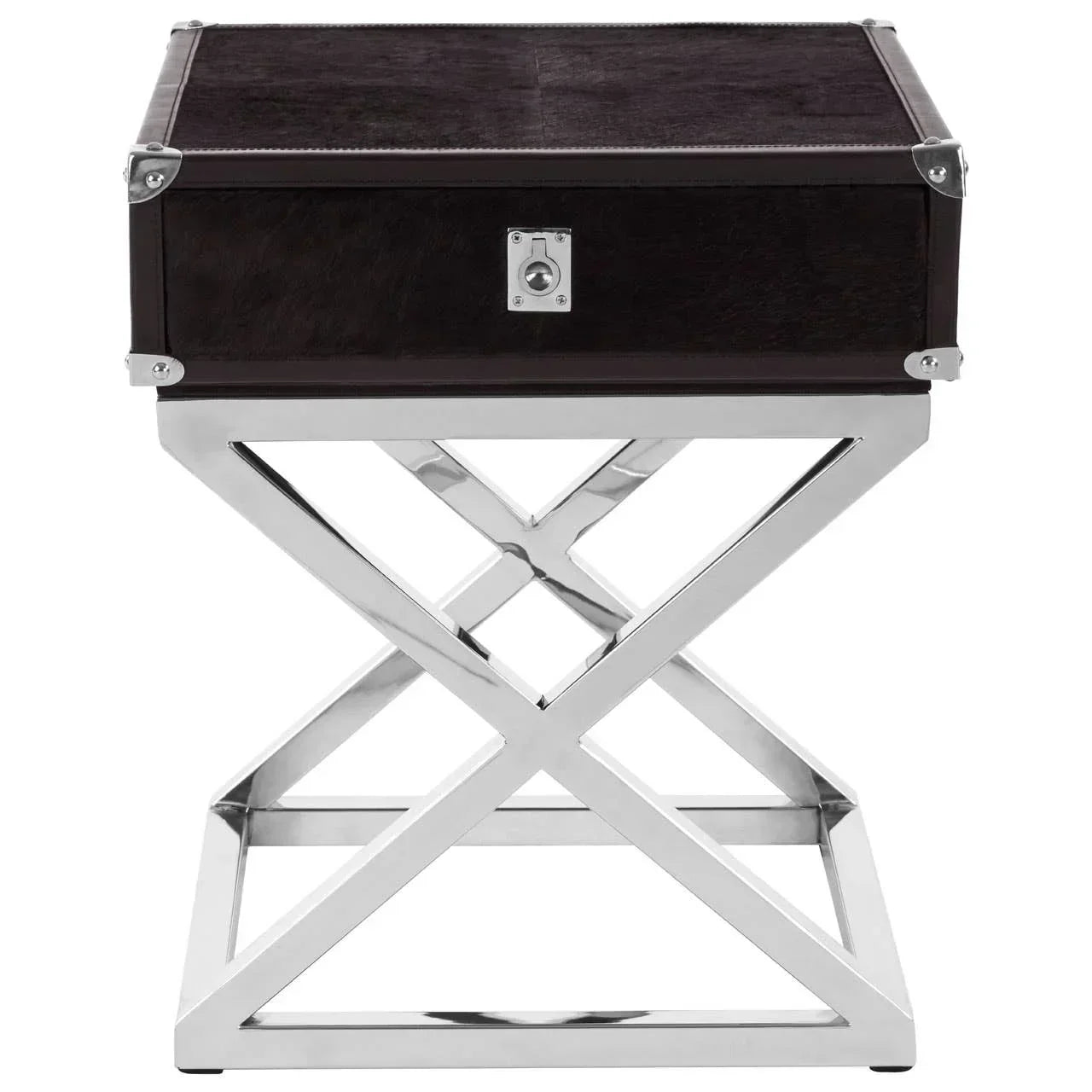 Brown storage side table with chrome X-frame base and front lock detail