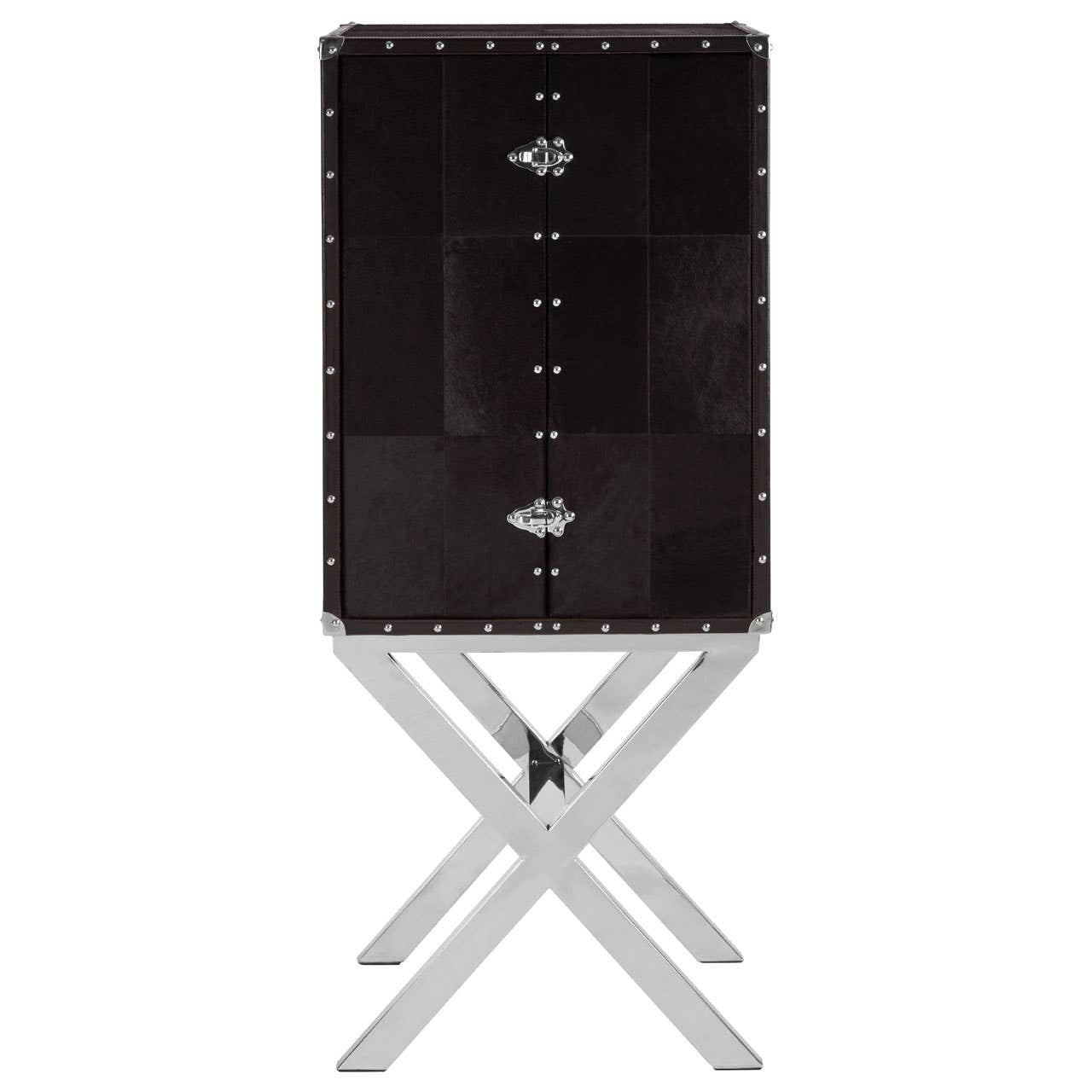 A drinks cabinet featuring a hair-on-leather exterior in a rich dark color, with a sleek cross base made of polished metal. The cabinet has a modern design with five circular handles and a symmetrical layout, providing a stylish storage solution for beverages