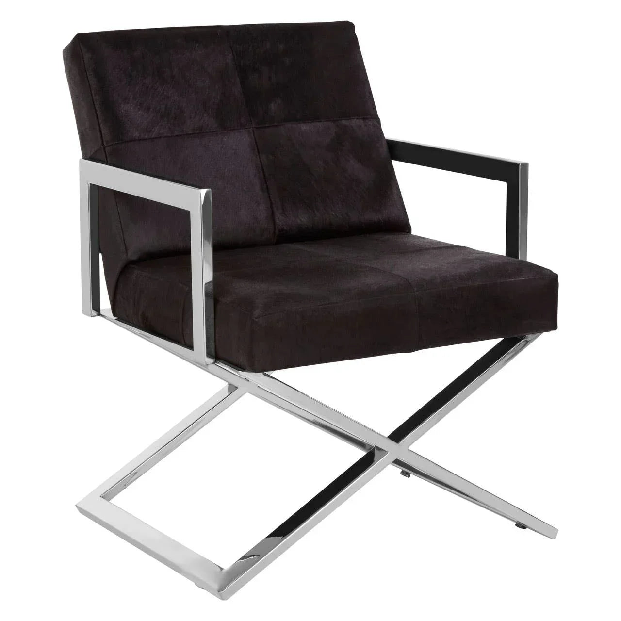 Modern accent chair with black upholstered seat and chrome metal frame