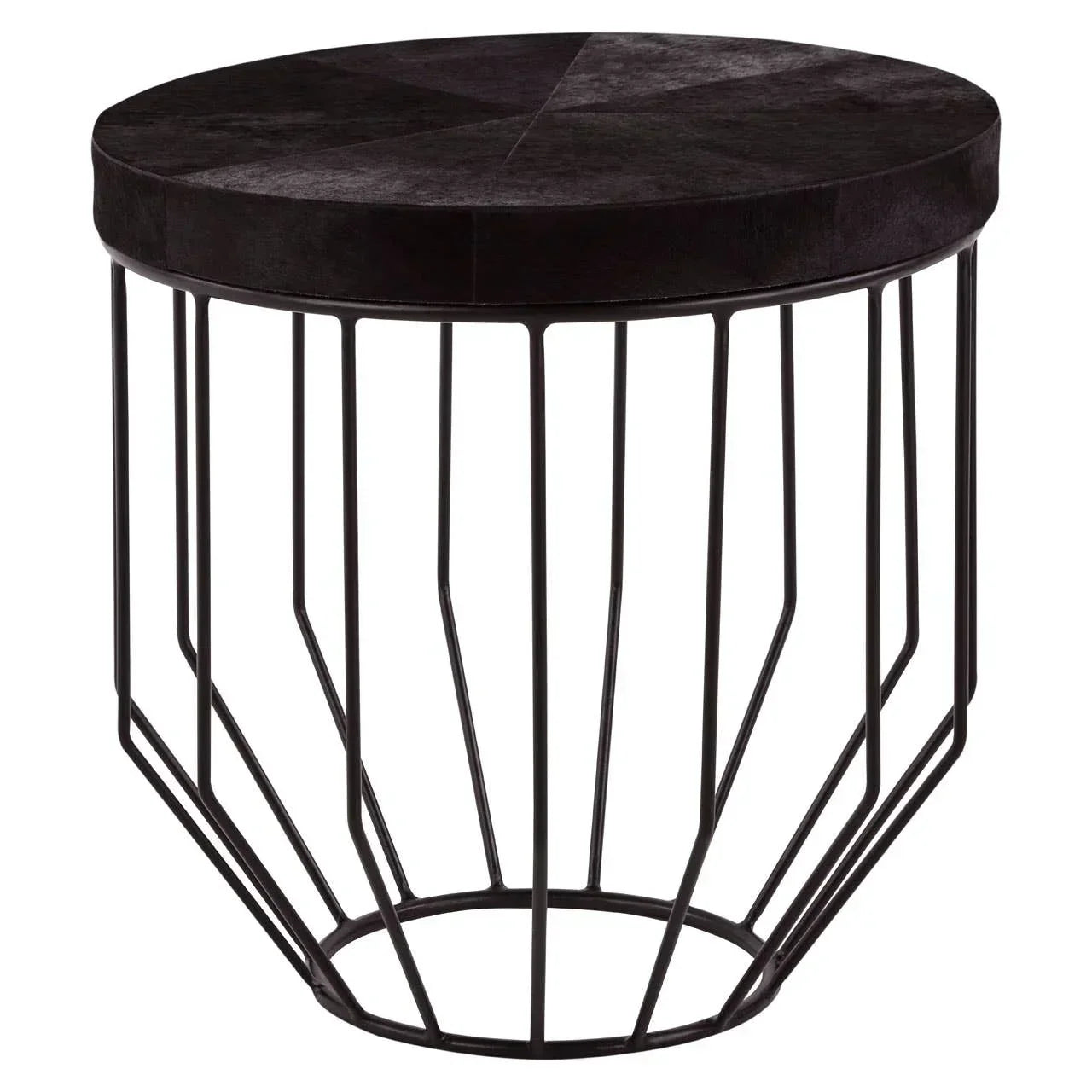 Round black side table with metal wire base and smooth solid top