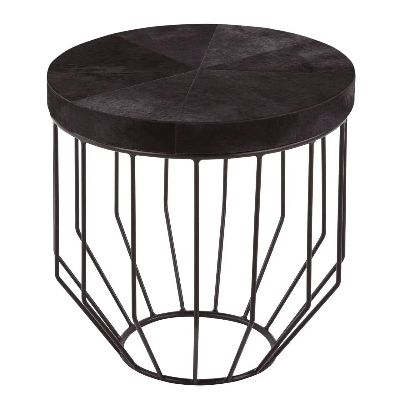 Black round side table with textured wood top and geometric metal wire base