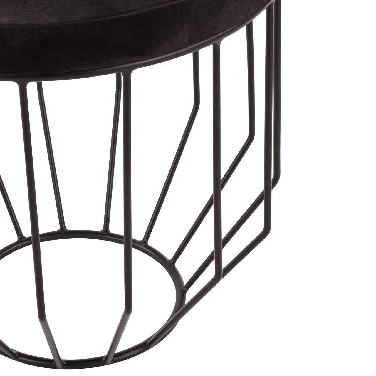 Black metal wire side table base with round wooden top, modern geometric design