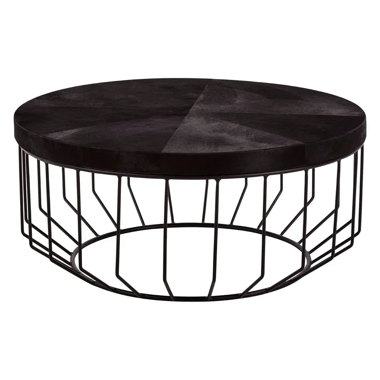 Round black coffee table with geometric metal base and matte finish top