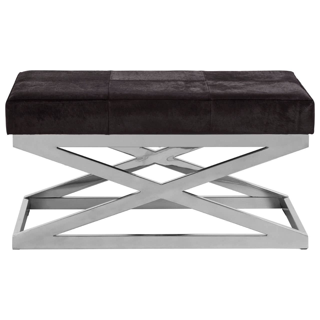 Velvet bench with black cushioned seat and chrome cross metal base, side view