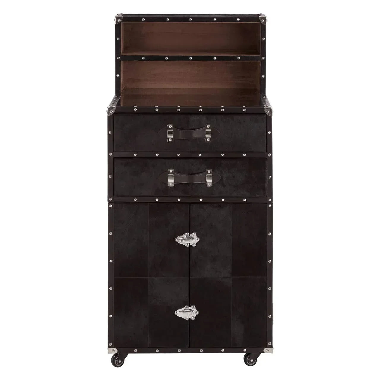 Black storage trunk cabinet with open shelf, drawers, double doors and metal handles