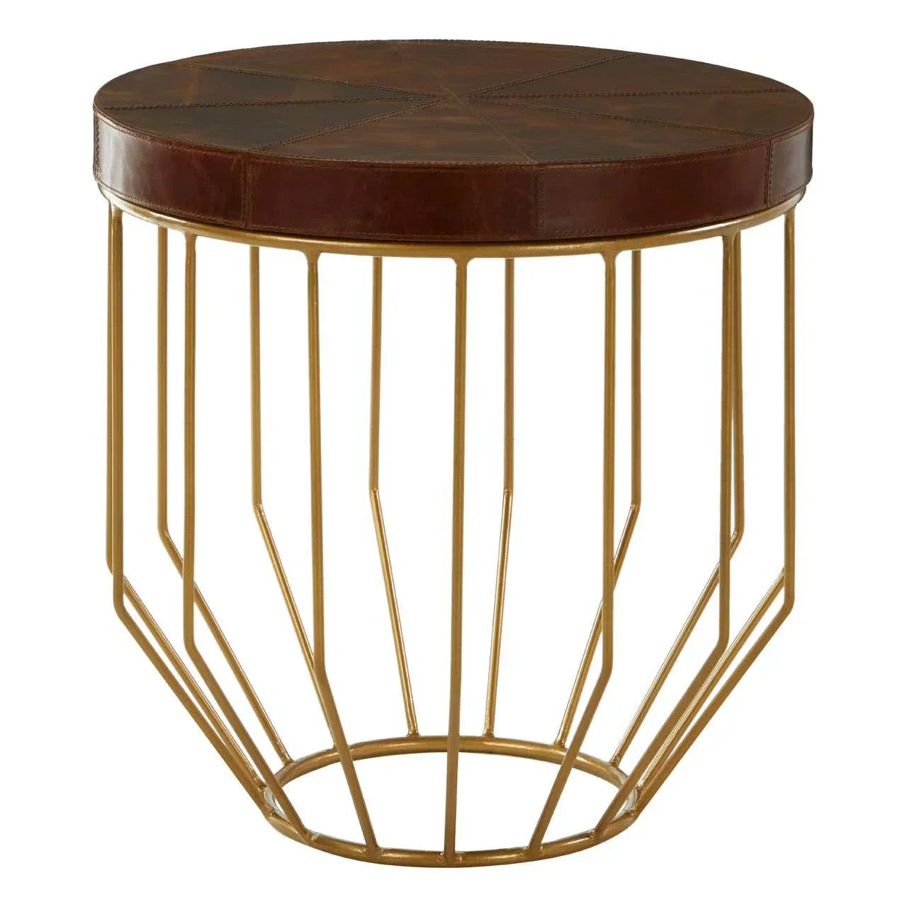 Round side table with brown leather top and gold metal geometric base