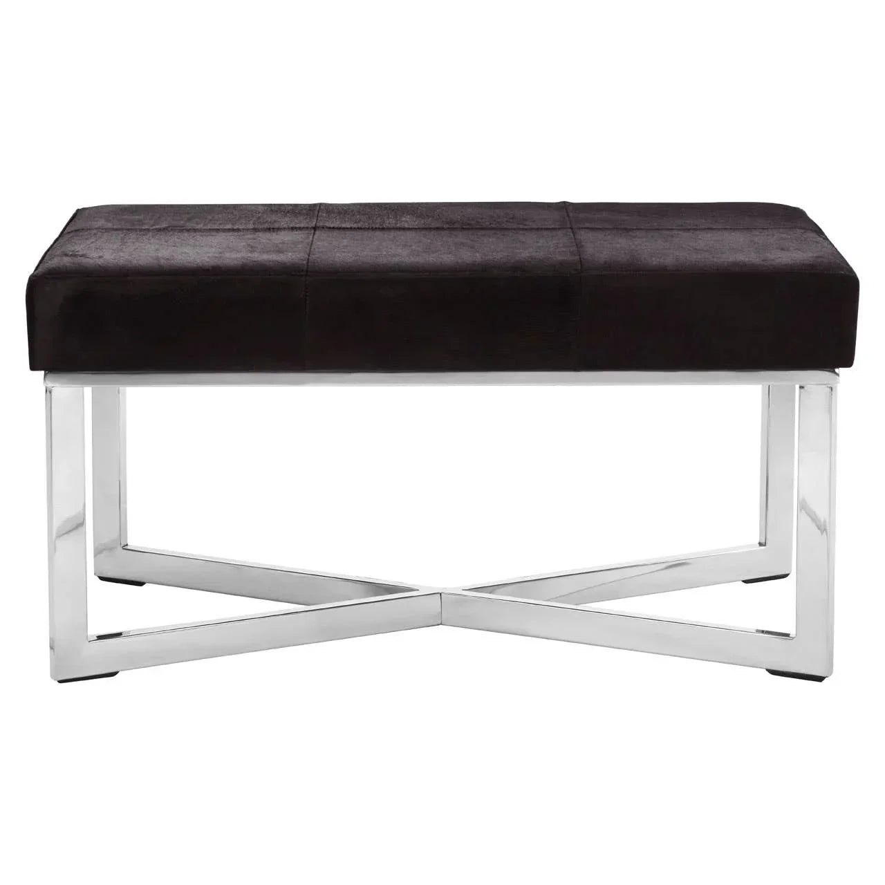 Black velvet bench with chrome crossed metal legs, front view