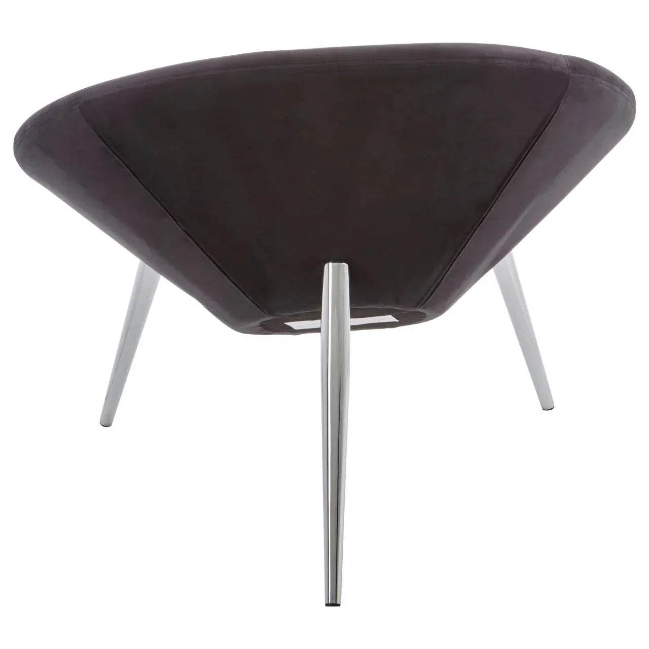 Dark velvet accent chair with polished chrome legs viewed from the back