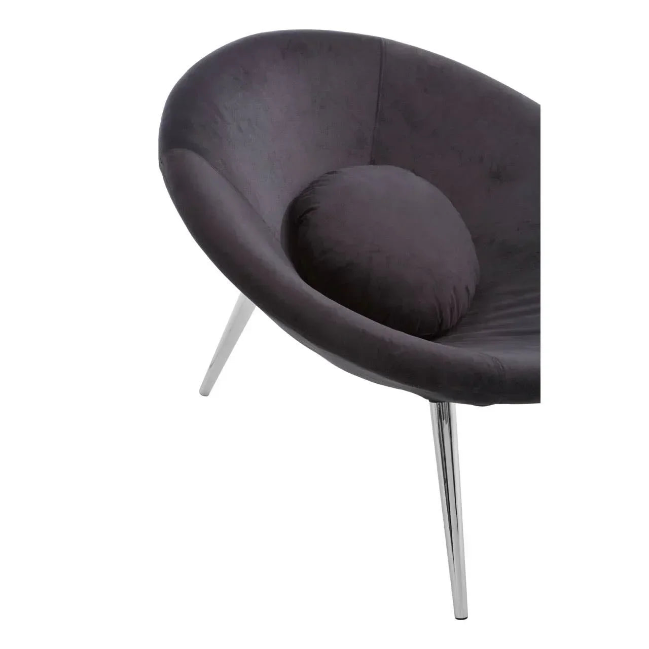 Velvet accent chair in dark grey with round cushion and chrome metal legs