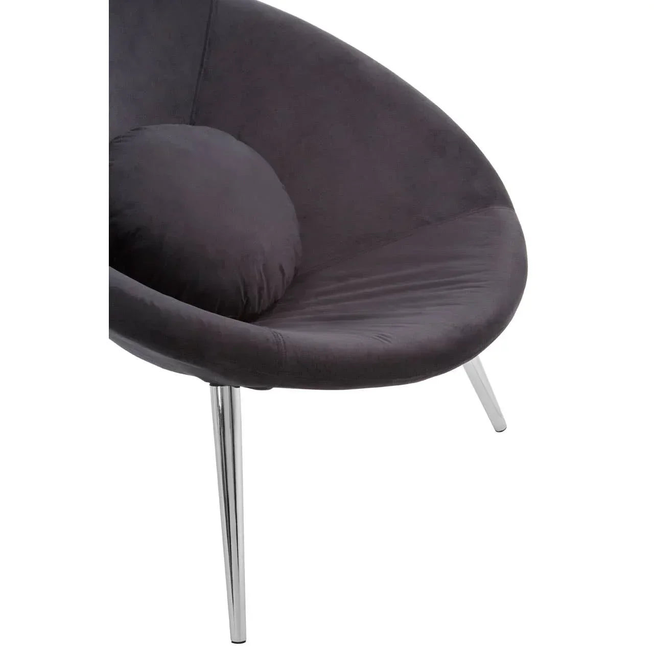 Dark grey fabric accent chair with round cushion and chrome legs, angled front view