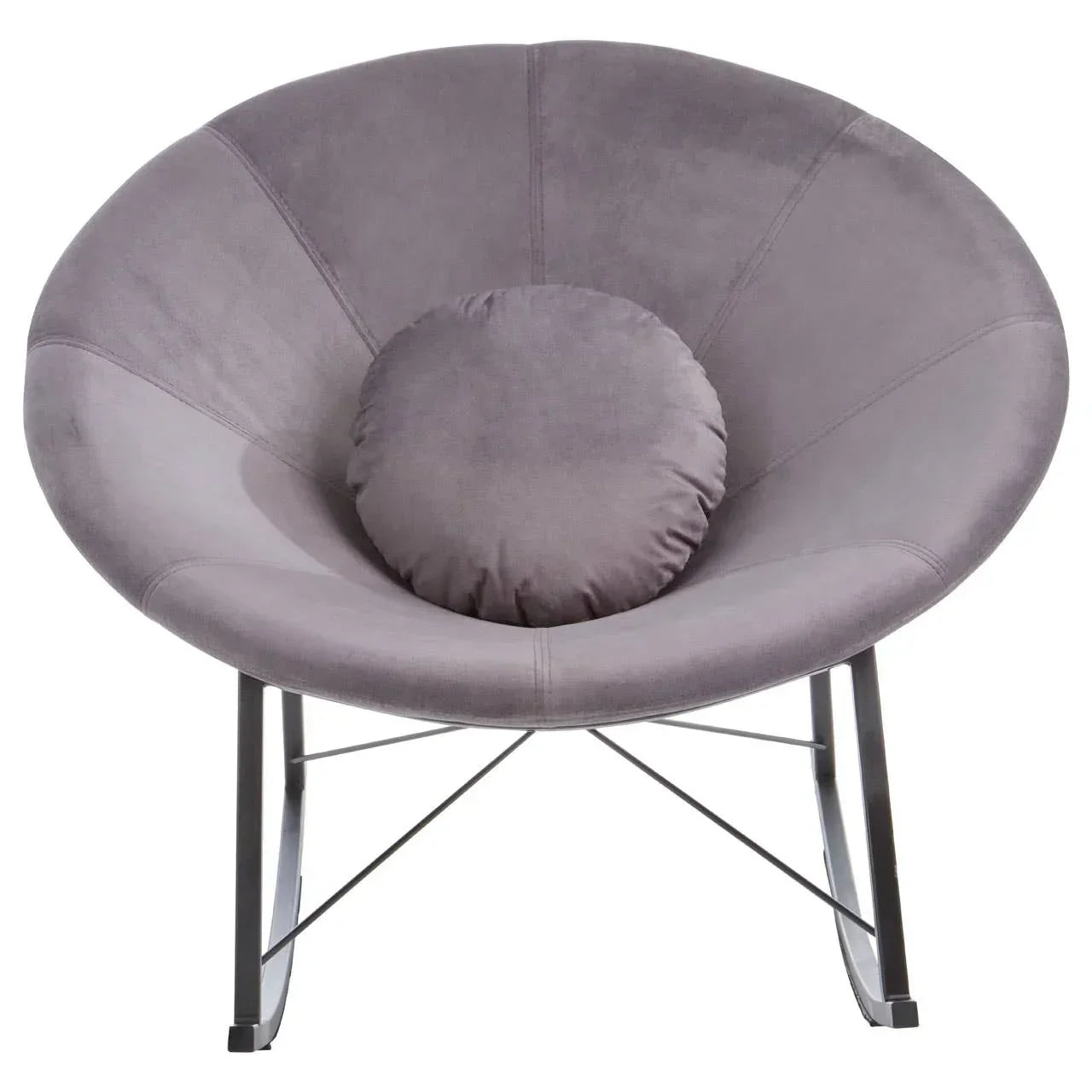 Grey velvet accent chair with round cushion and black metal legs, front view