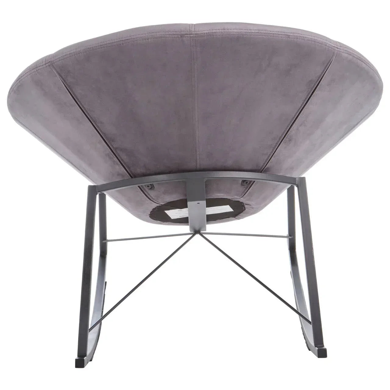Grey accent chair with metal legs shown from the back, upholstered seat and sturdy base