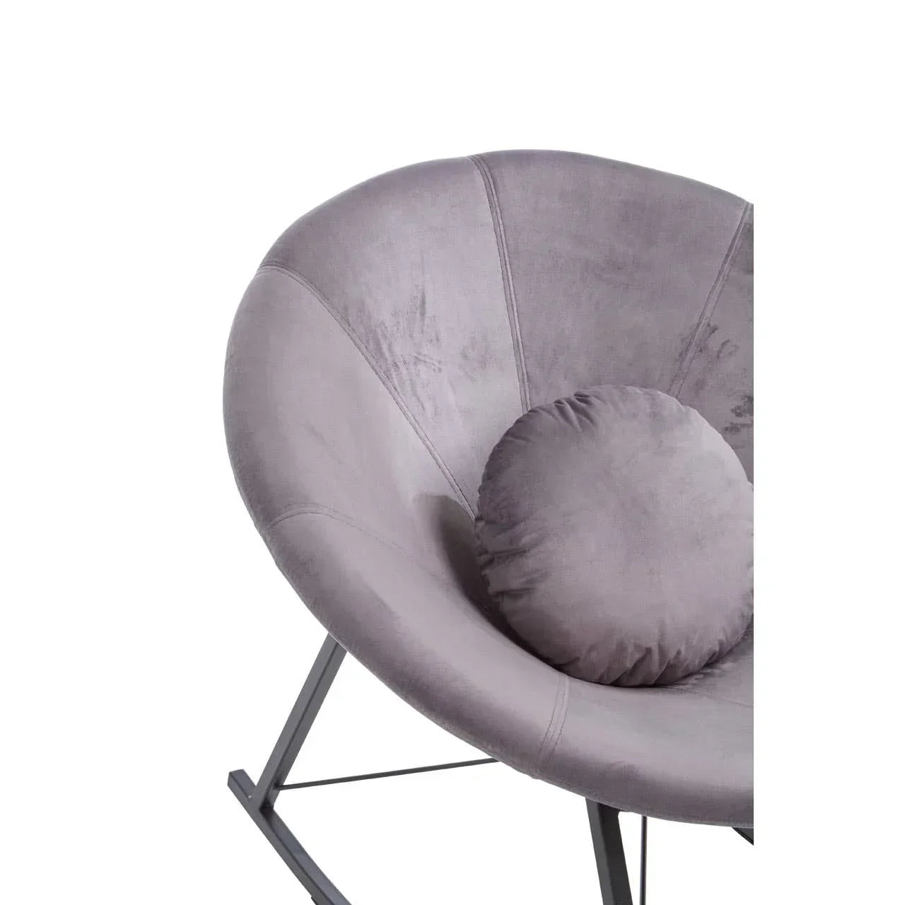 Grey velvet accent chair with round cushion and metal legs, partial side view