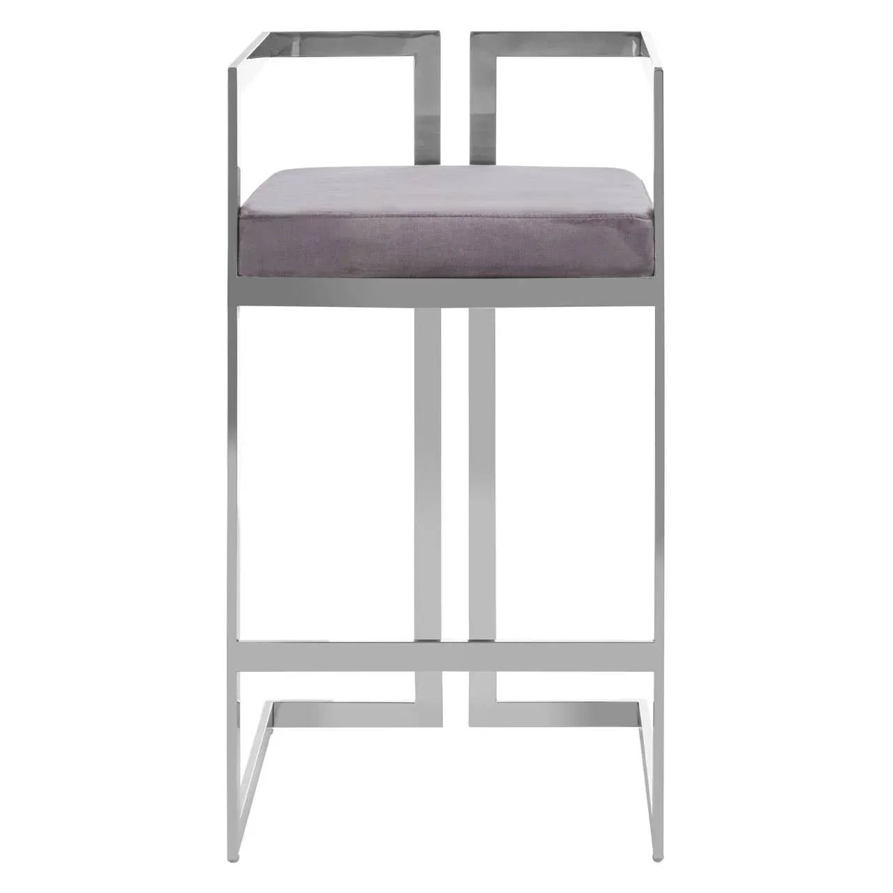 Chrome bar stool with square grey cushion and modern open frame, front view