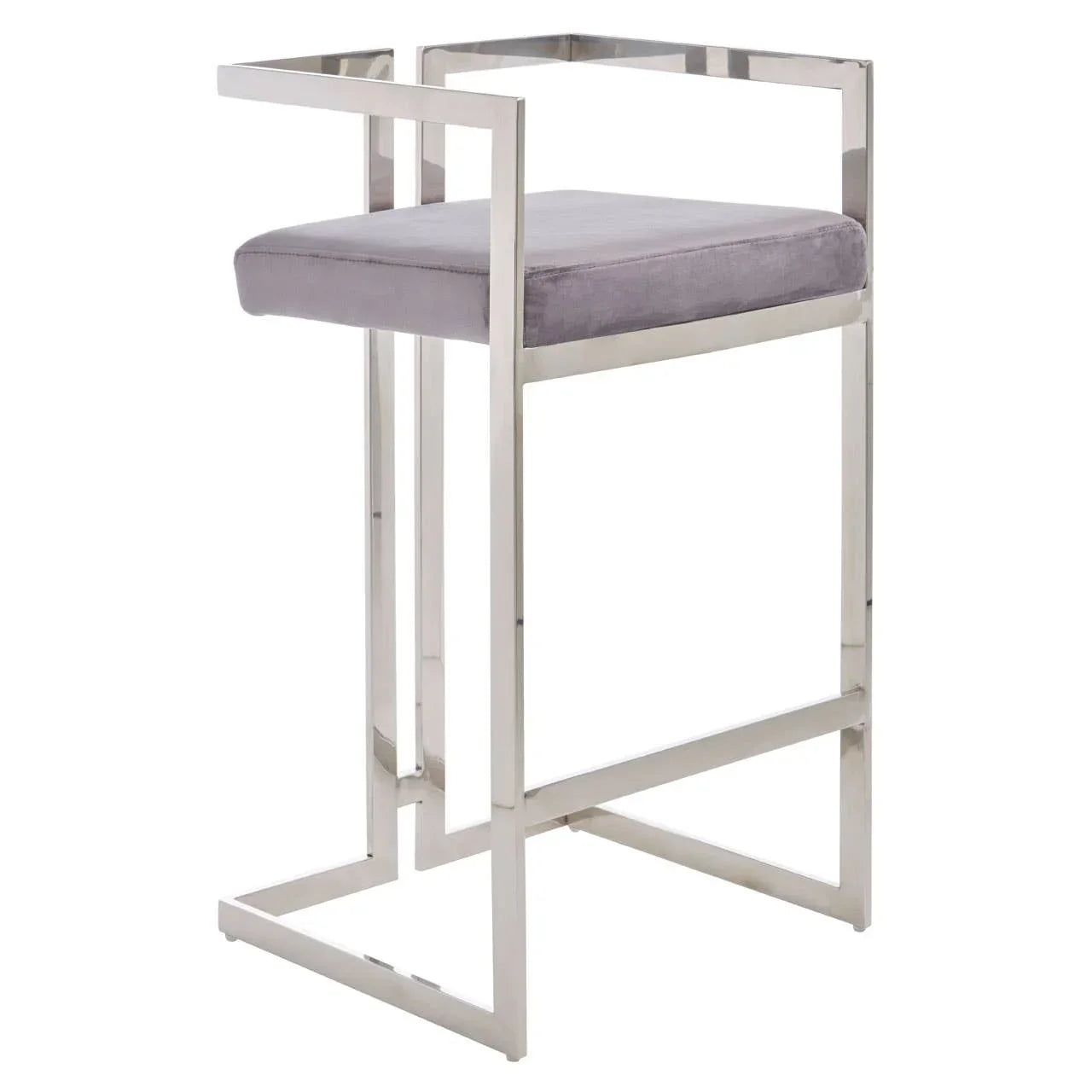 Silver metal bar stool with square frame and light grey cushioned seat
