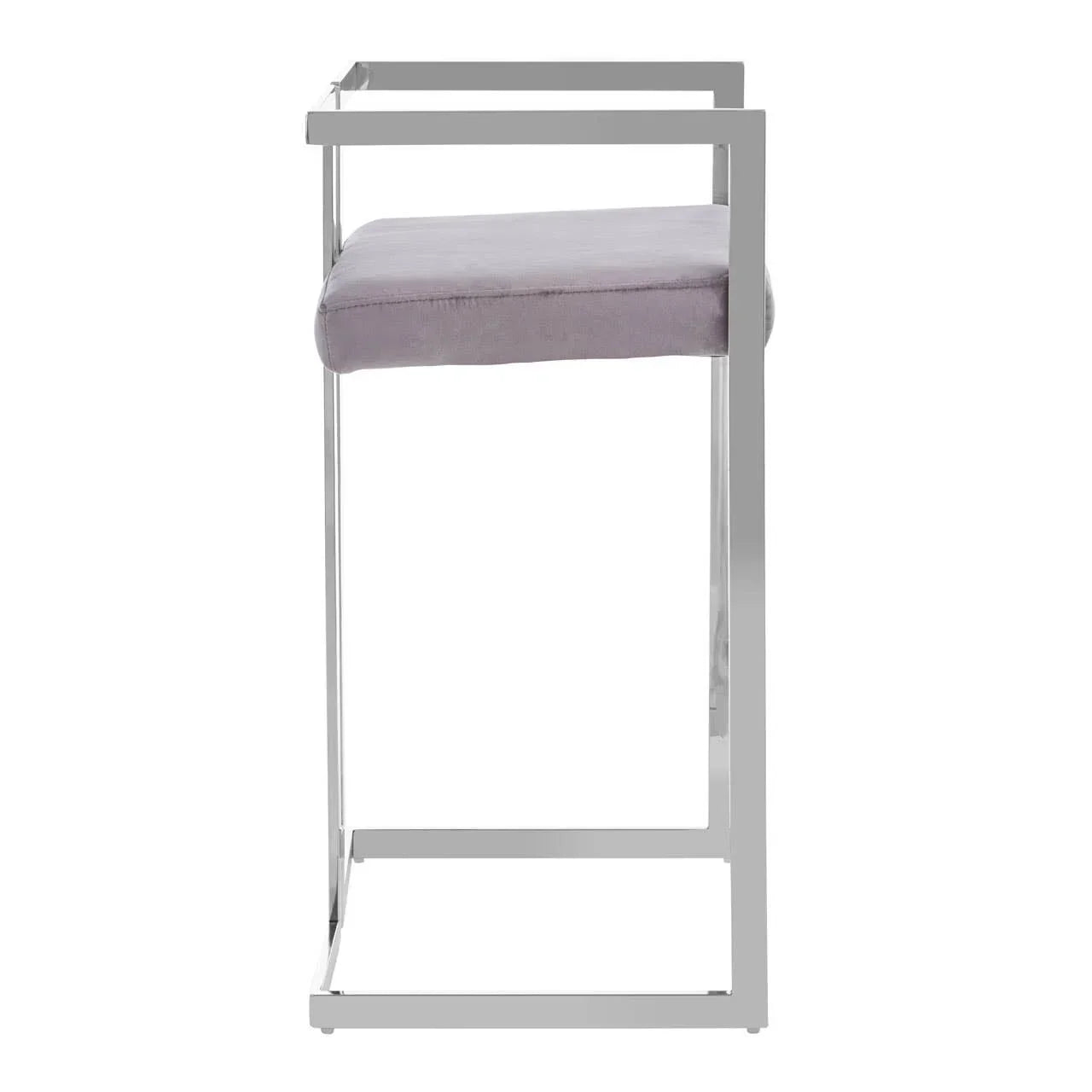 Side view of modern bar stool with chrome metal frame and grey velvet seat