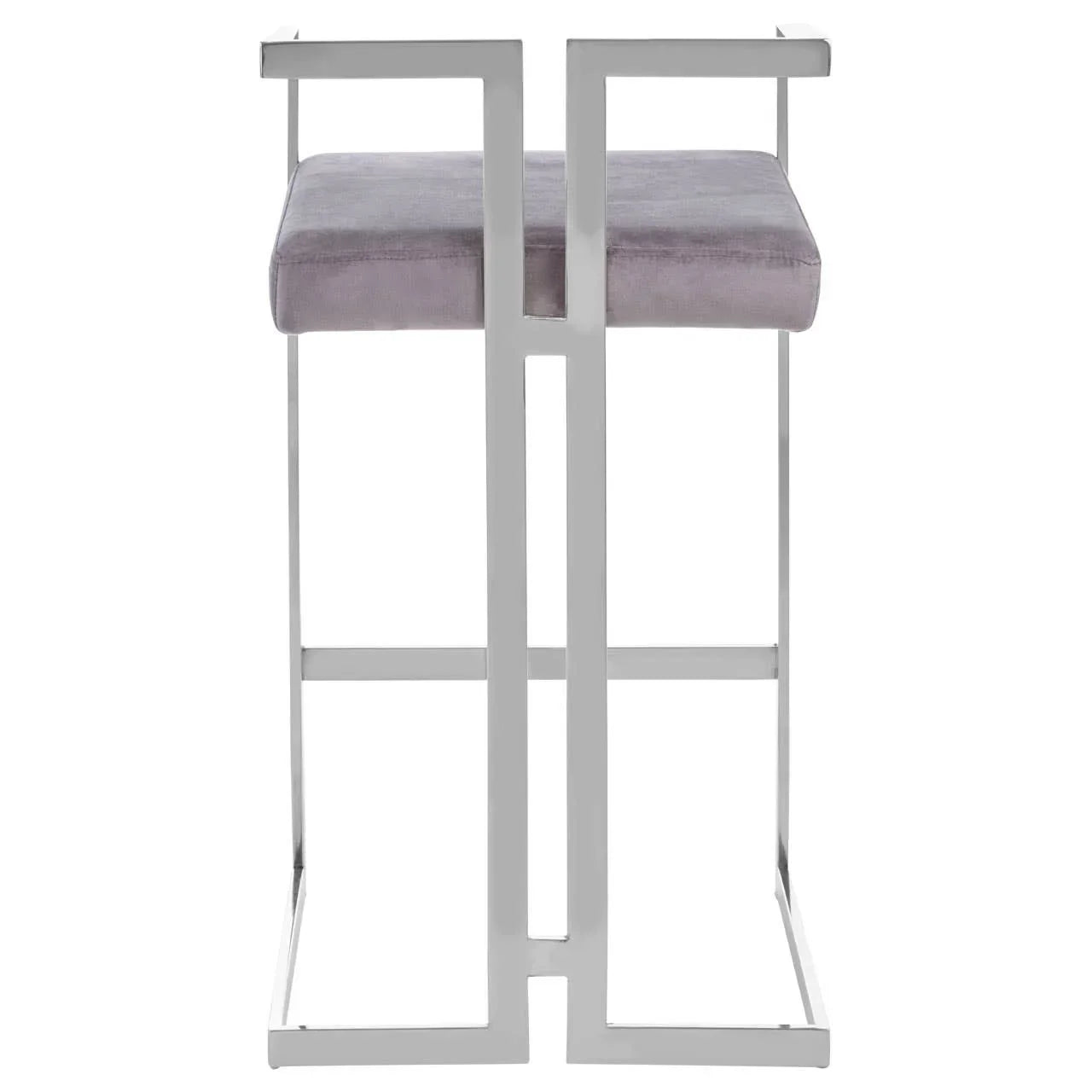 Modern bar stool with silver metal frame and grey velvet seat, rear view