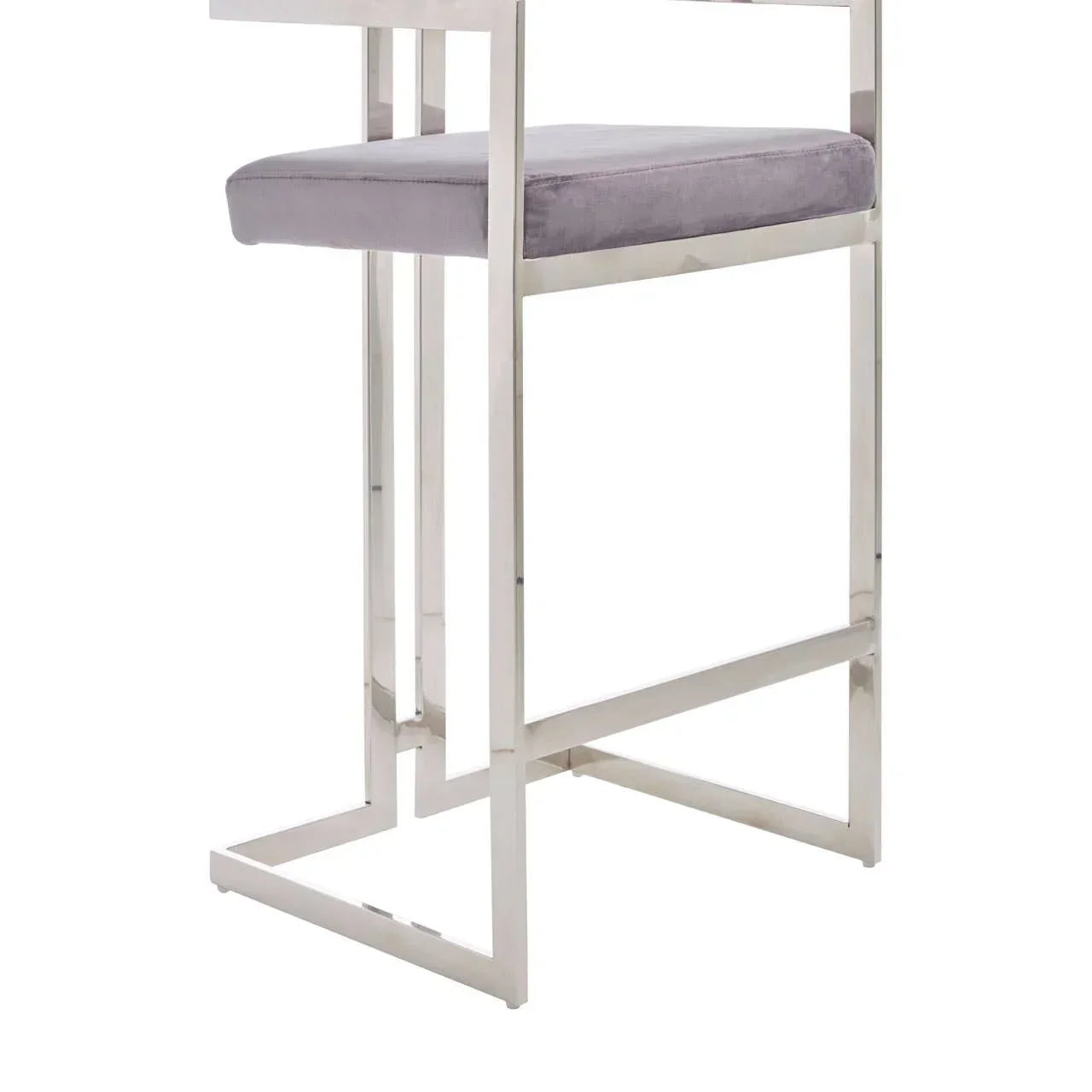 Chrome frame bar stool with grey velvet seat cushion, side angle view