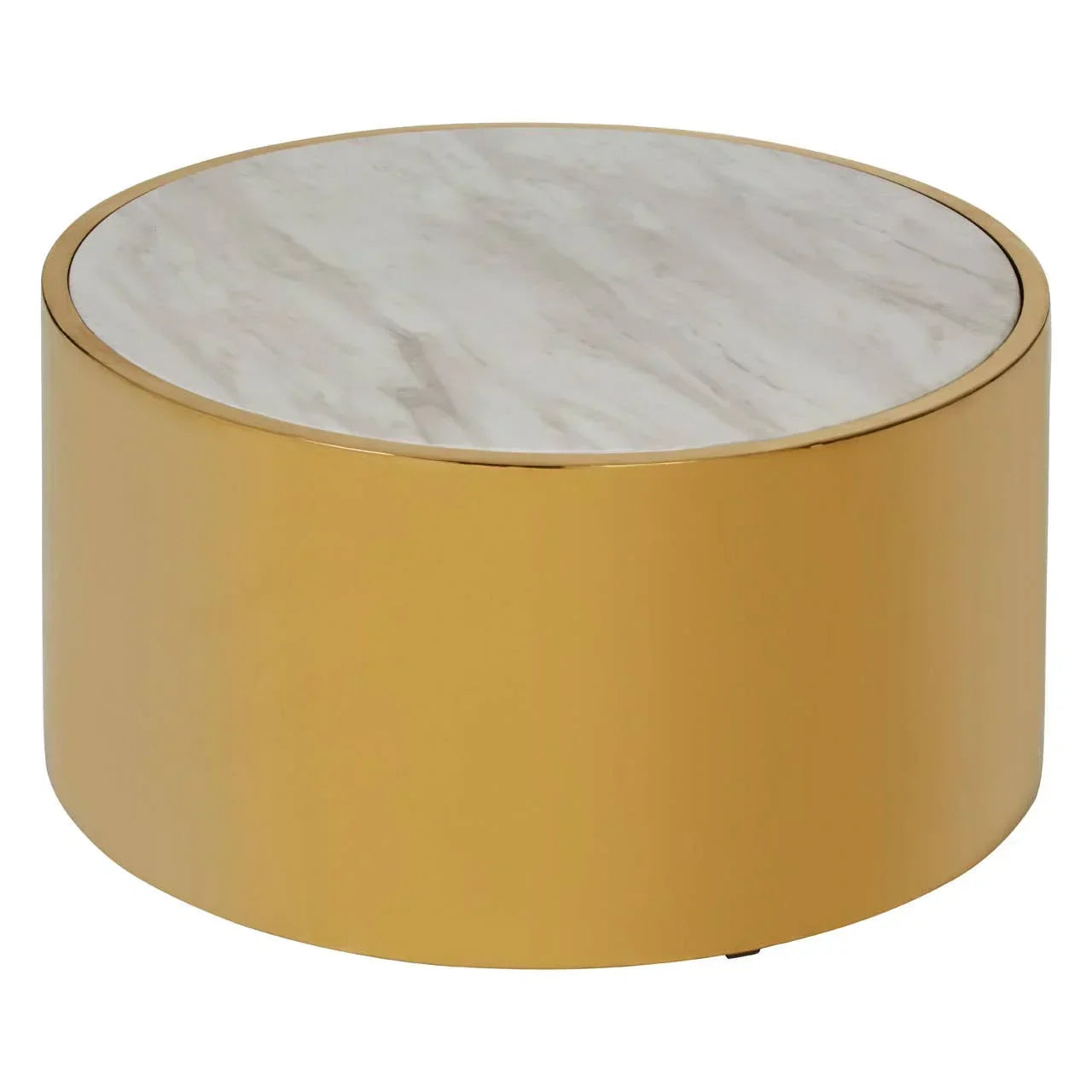 Round gold coffee table with marble effect top, modern design, studio background