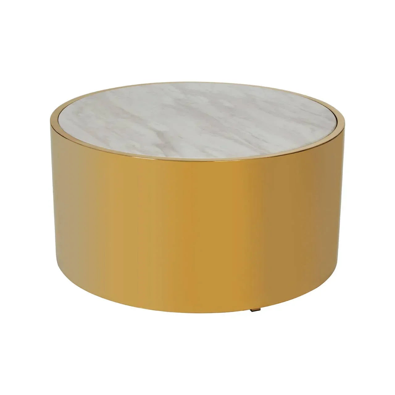 Round gold coffee table with white marble top, modern design, front angle view