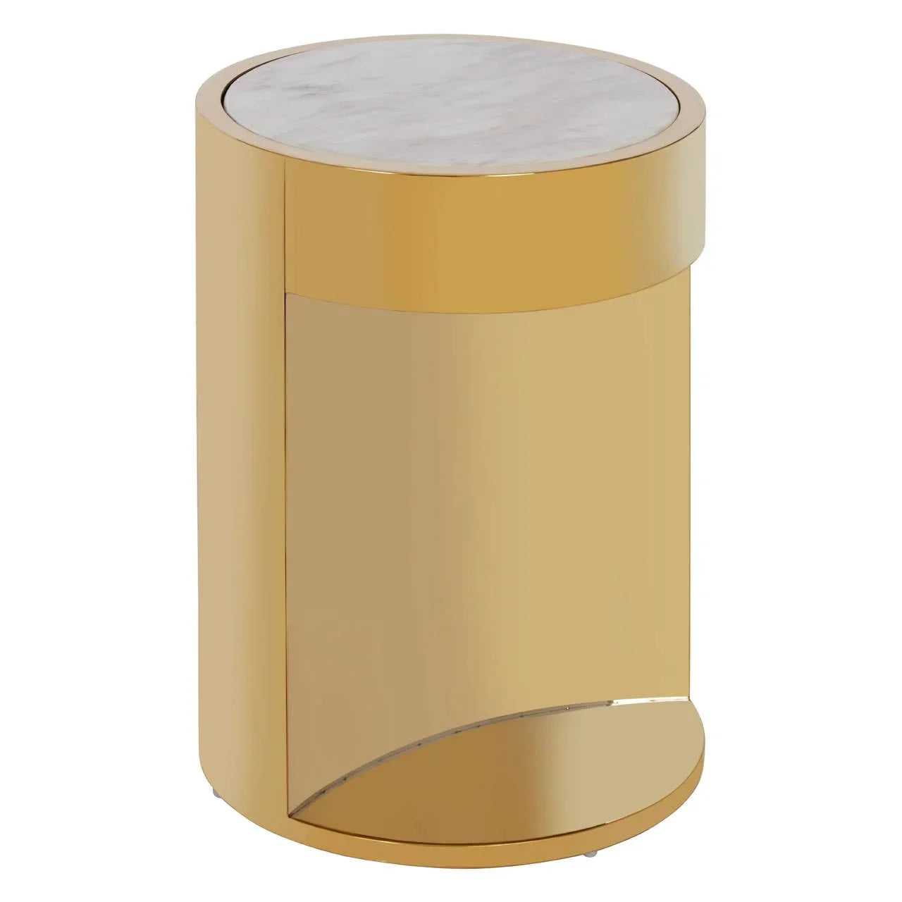 Round gold side table with white marble top and reflective base
