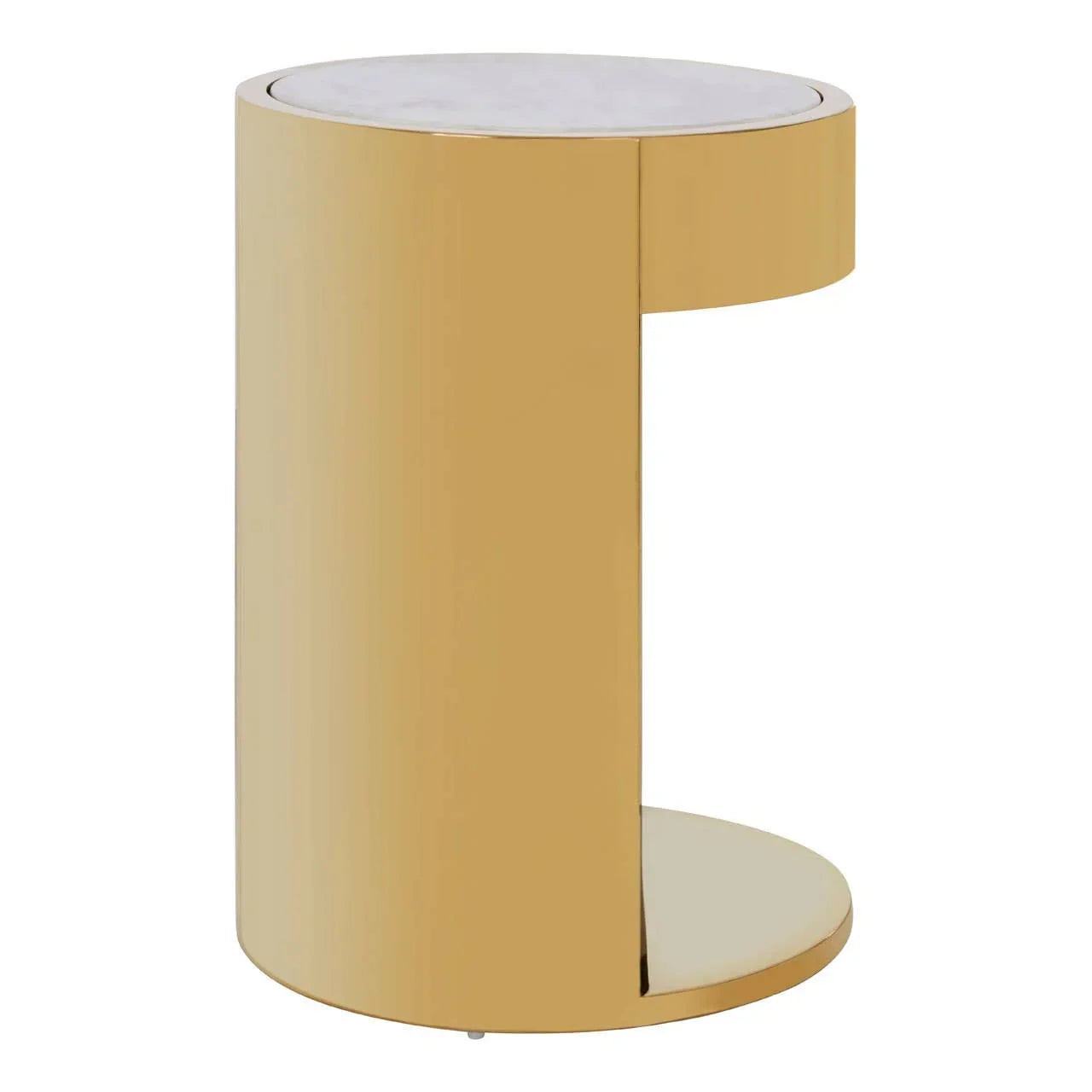 Gold metal side table with round white marble top, modern minimalist design