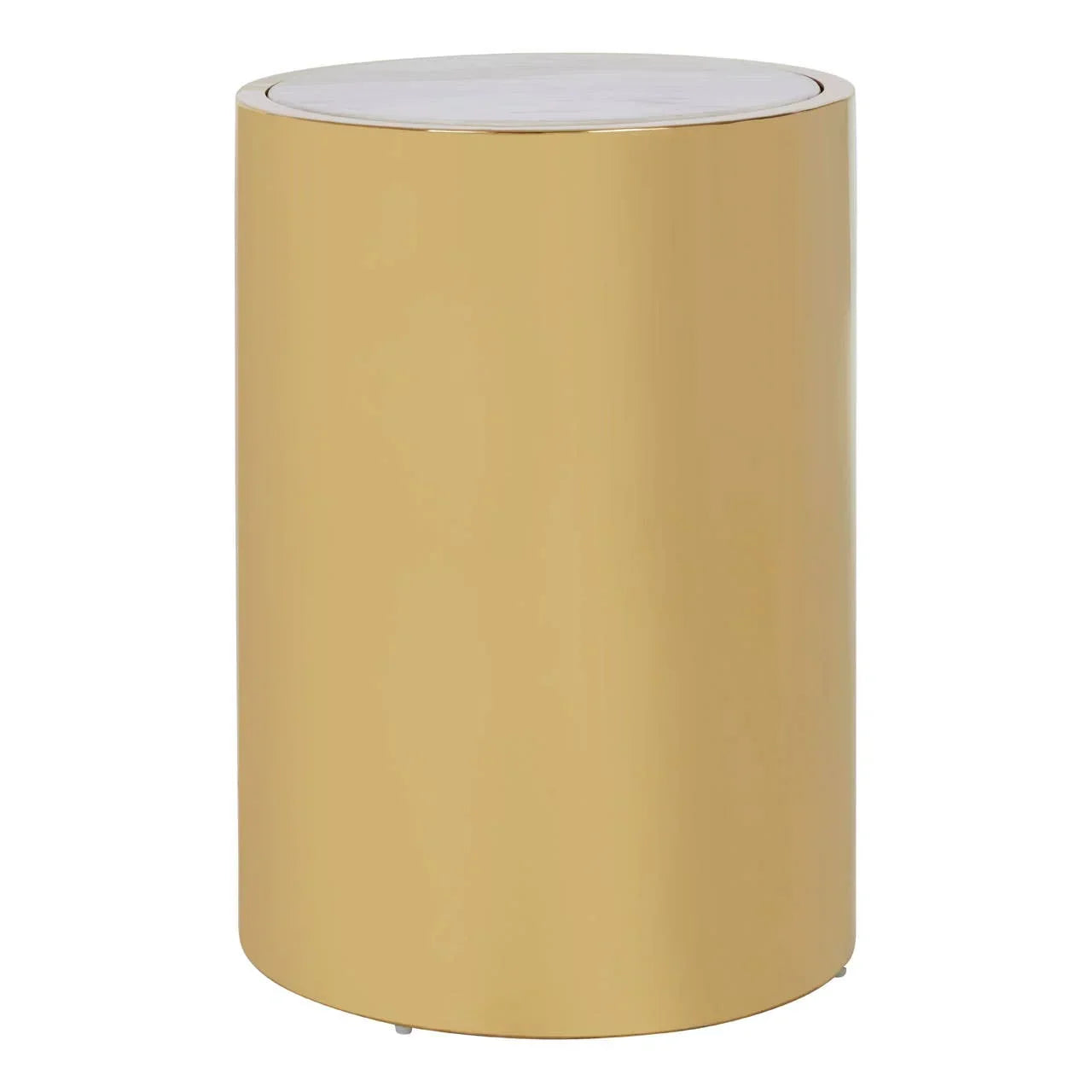 Round gold side table with marble top and smooth cylindrical base