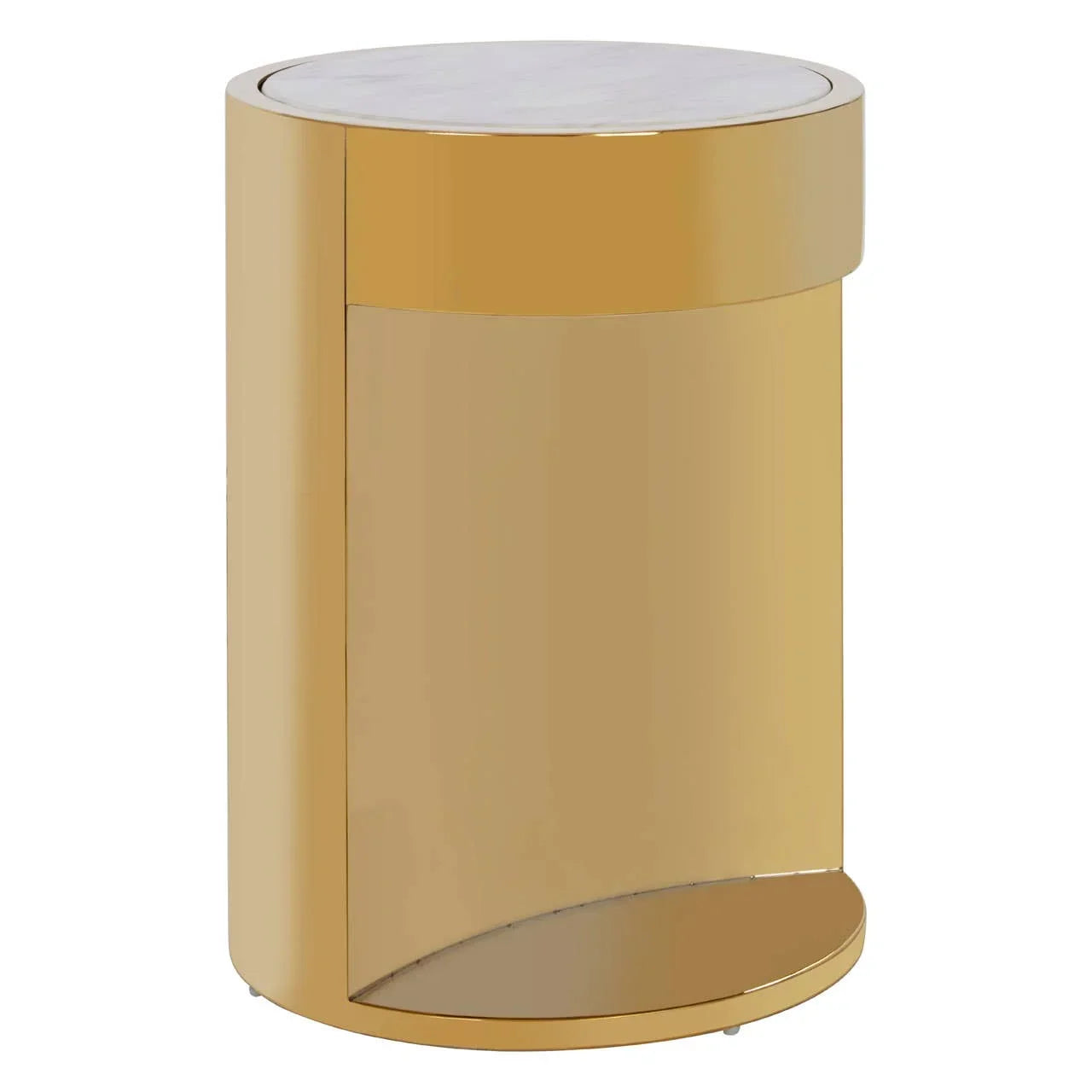 Round gold side table with smooth metallic finish and white marble top
