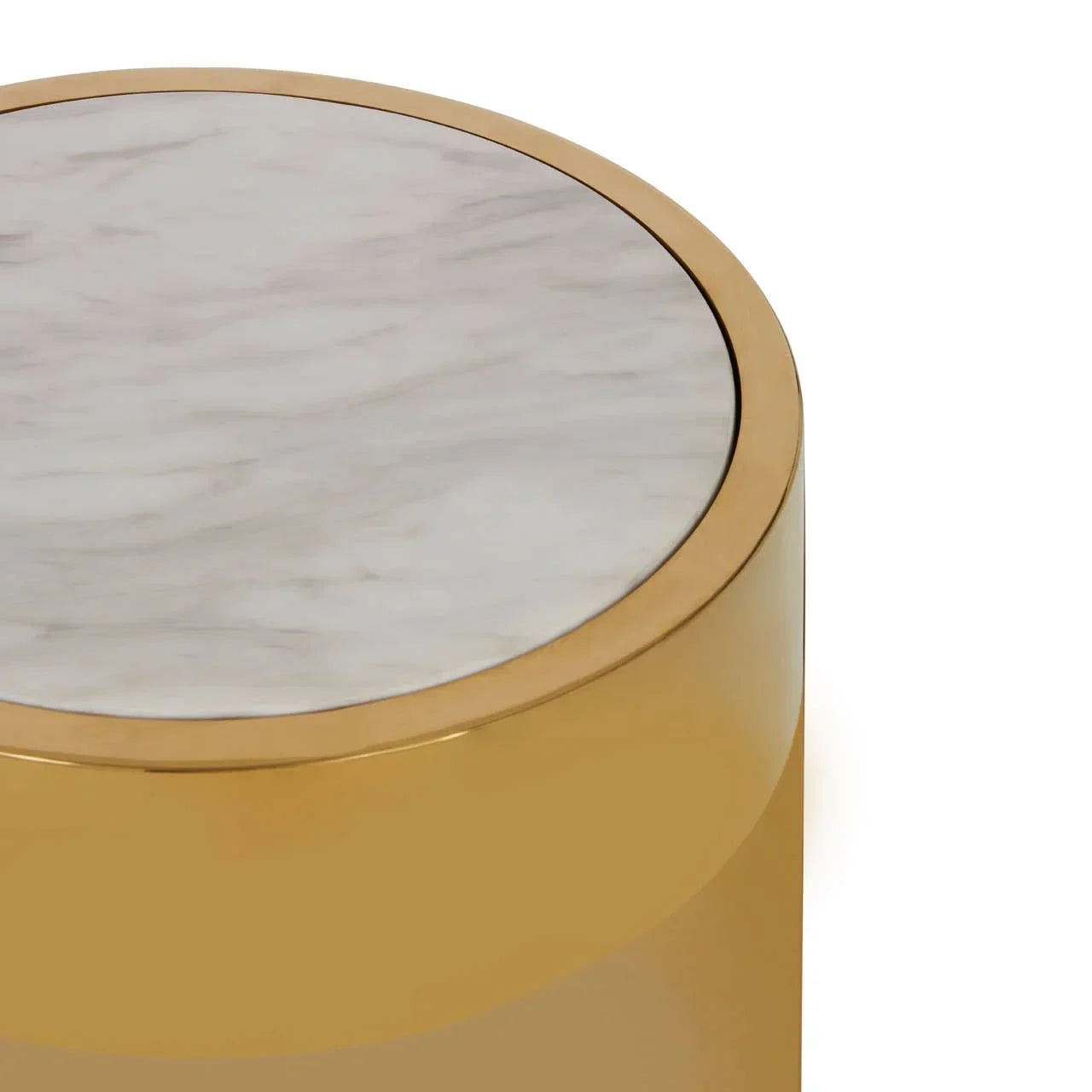 Round gold side table with white marble top, close-up of tabletop and frame