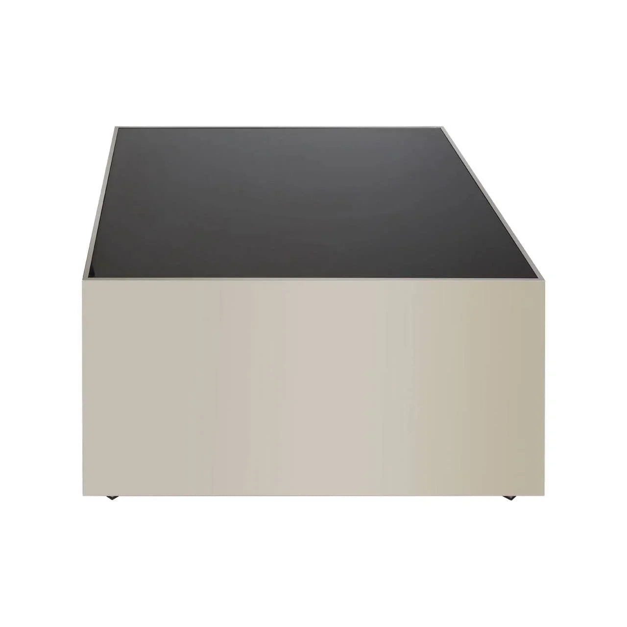 Modern square coffee table with black glass top and beige sides, front view