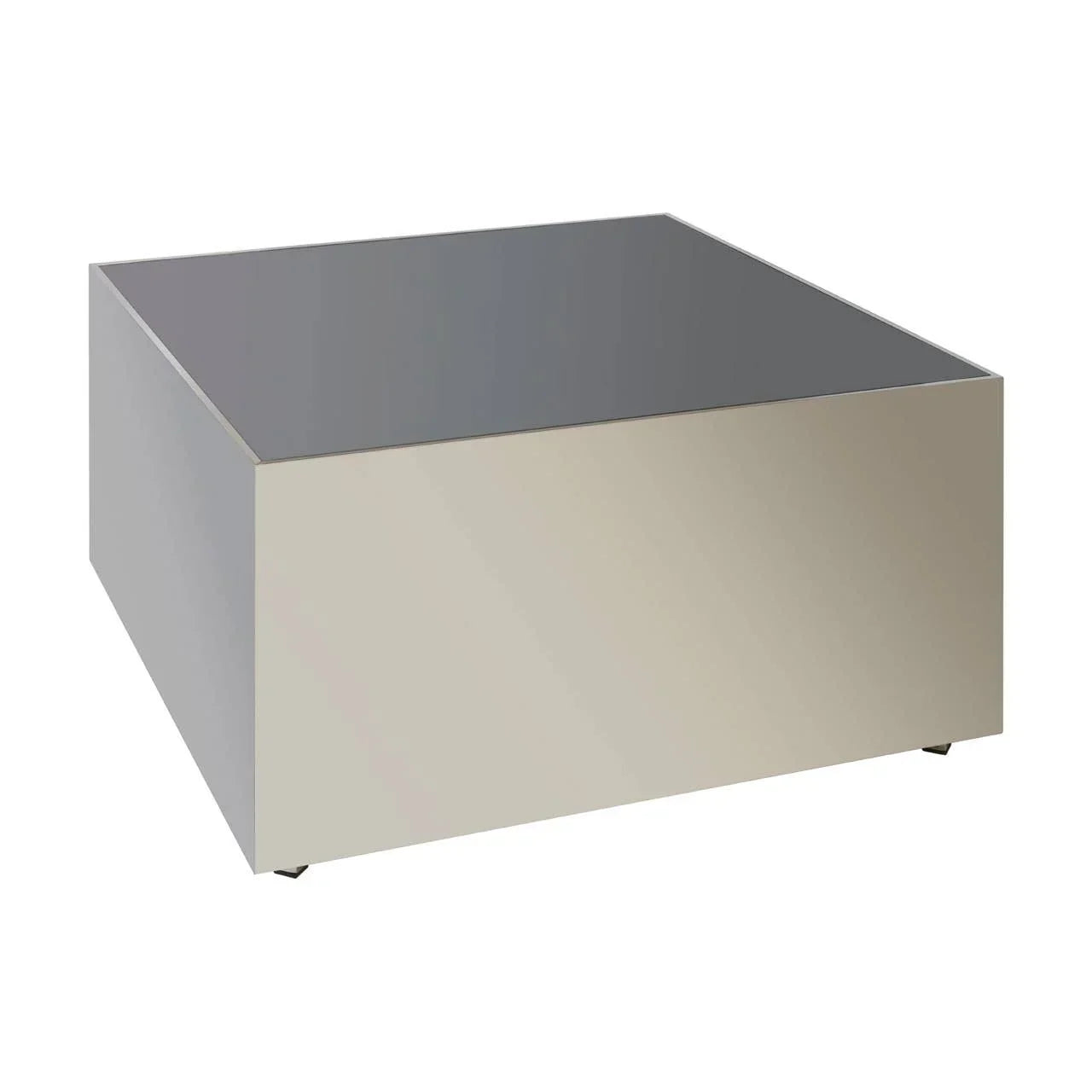 Square mirrored coffee table with reflective sides and flat top on white background