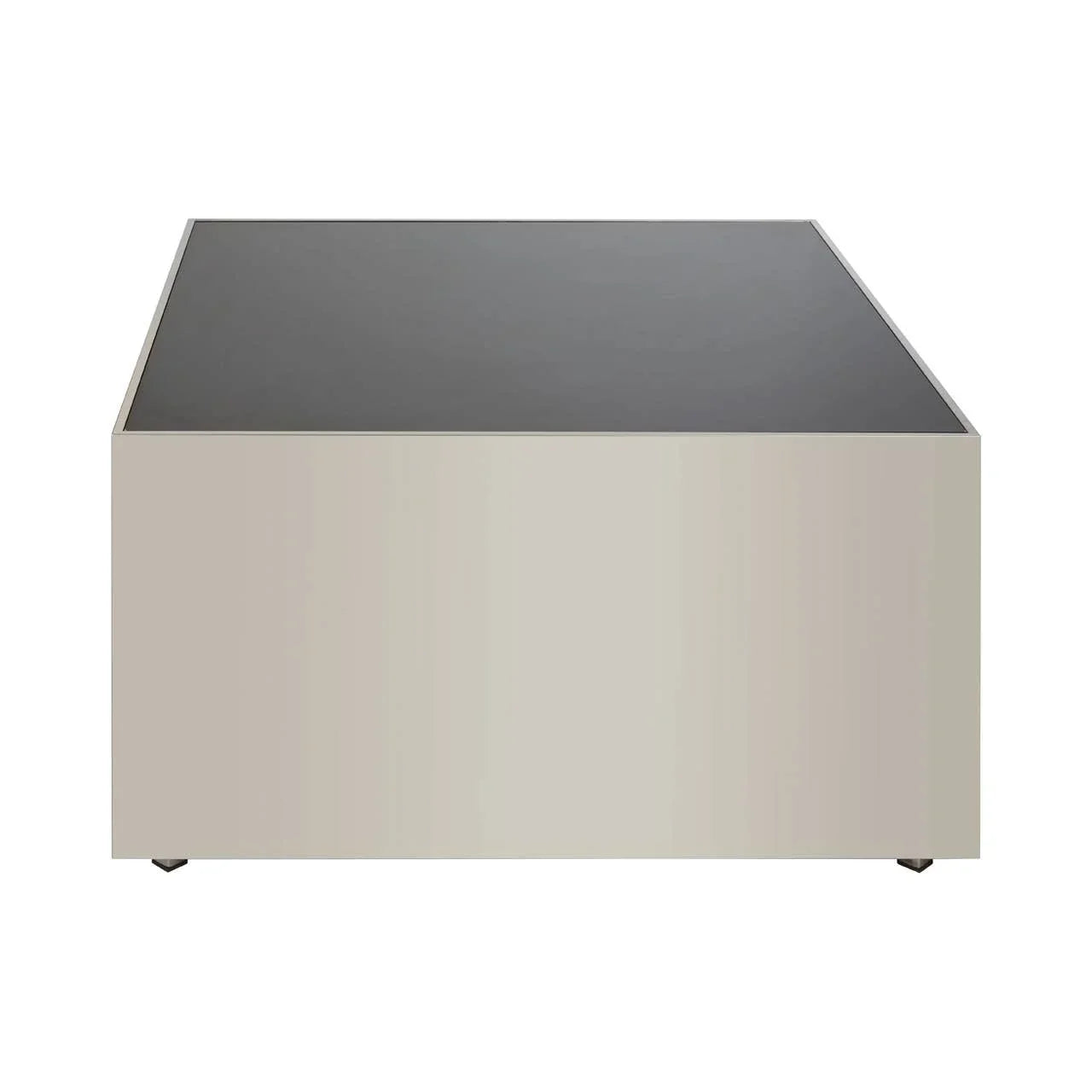 Modern square coffee table with black glass top and light grey base, front angle view