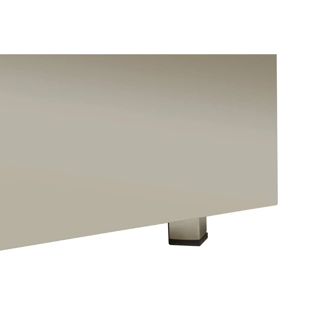 Gloss finish furniture base with short metallic leg and beige panel close-up