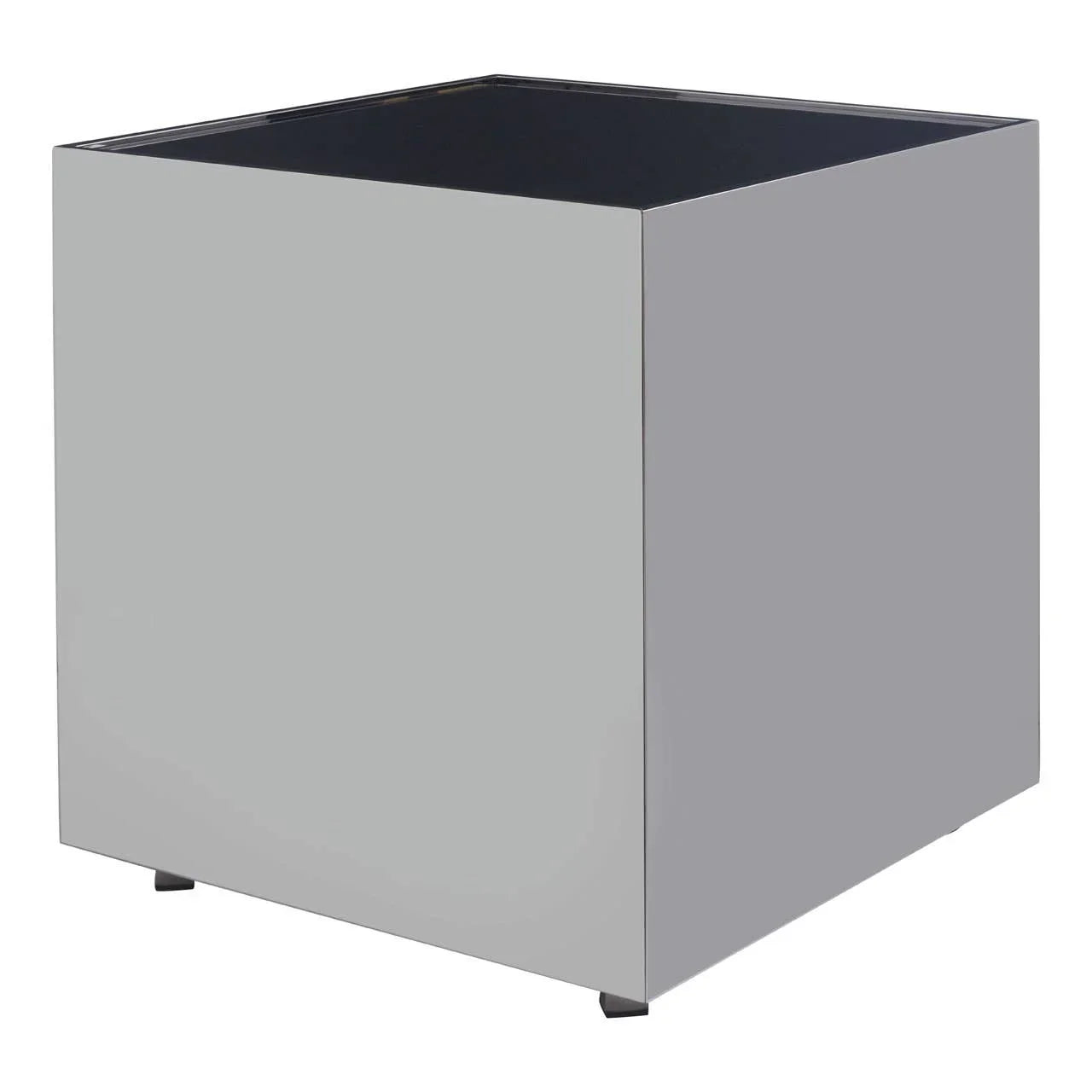 Square grey metal planter with open top and smooth finish, ideal for indoor or outdoor use