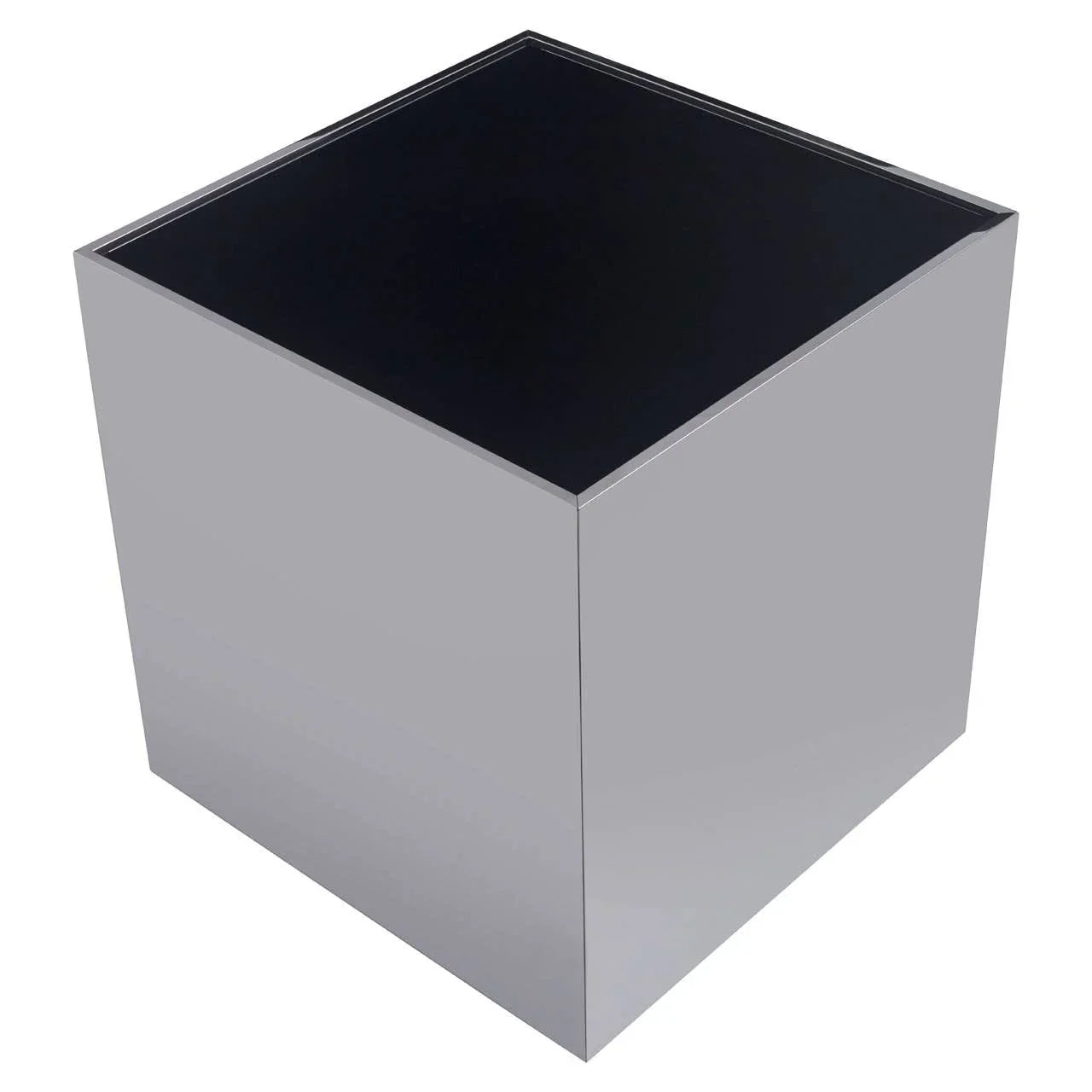Silver mirrored side table with cube design and reflective finish, angled top view