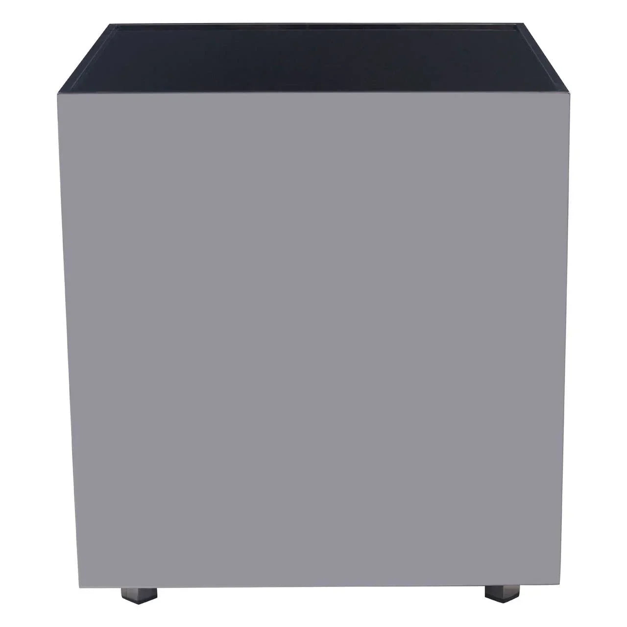 Grey side table with black top and square design, shown from front angle