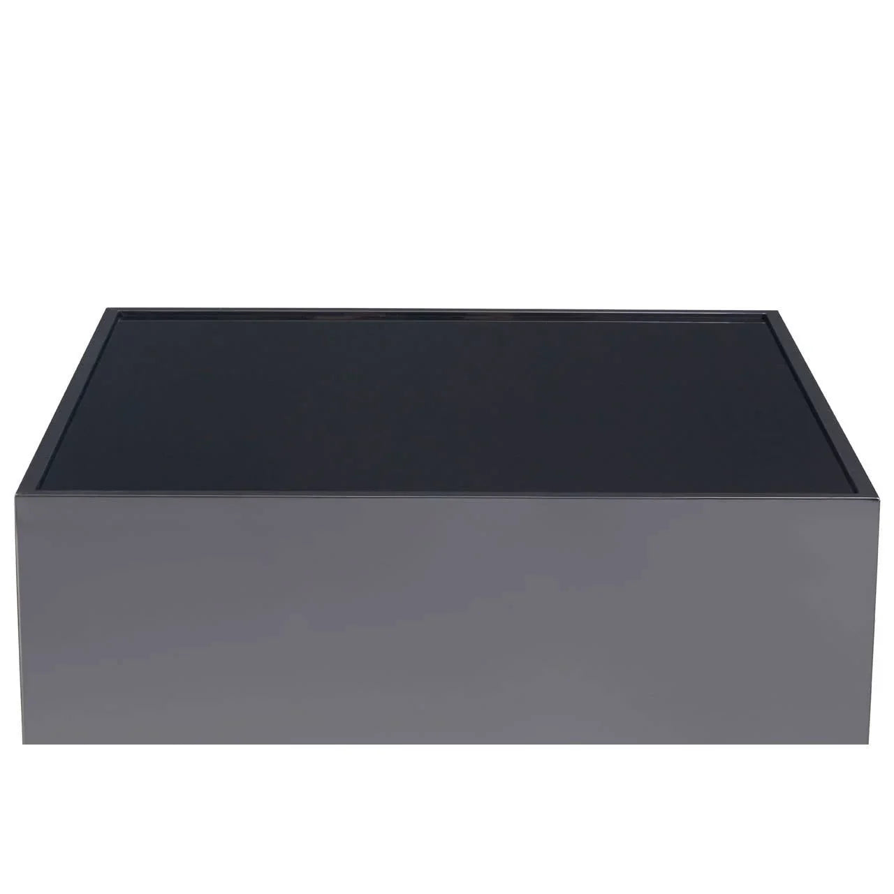 Rectangular black glass coffee table with high gloss grey base, front view