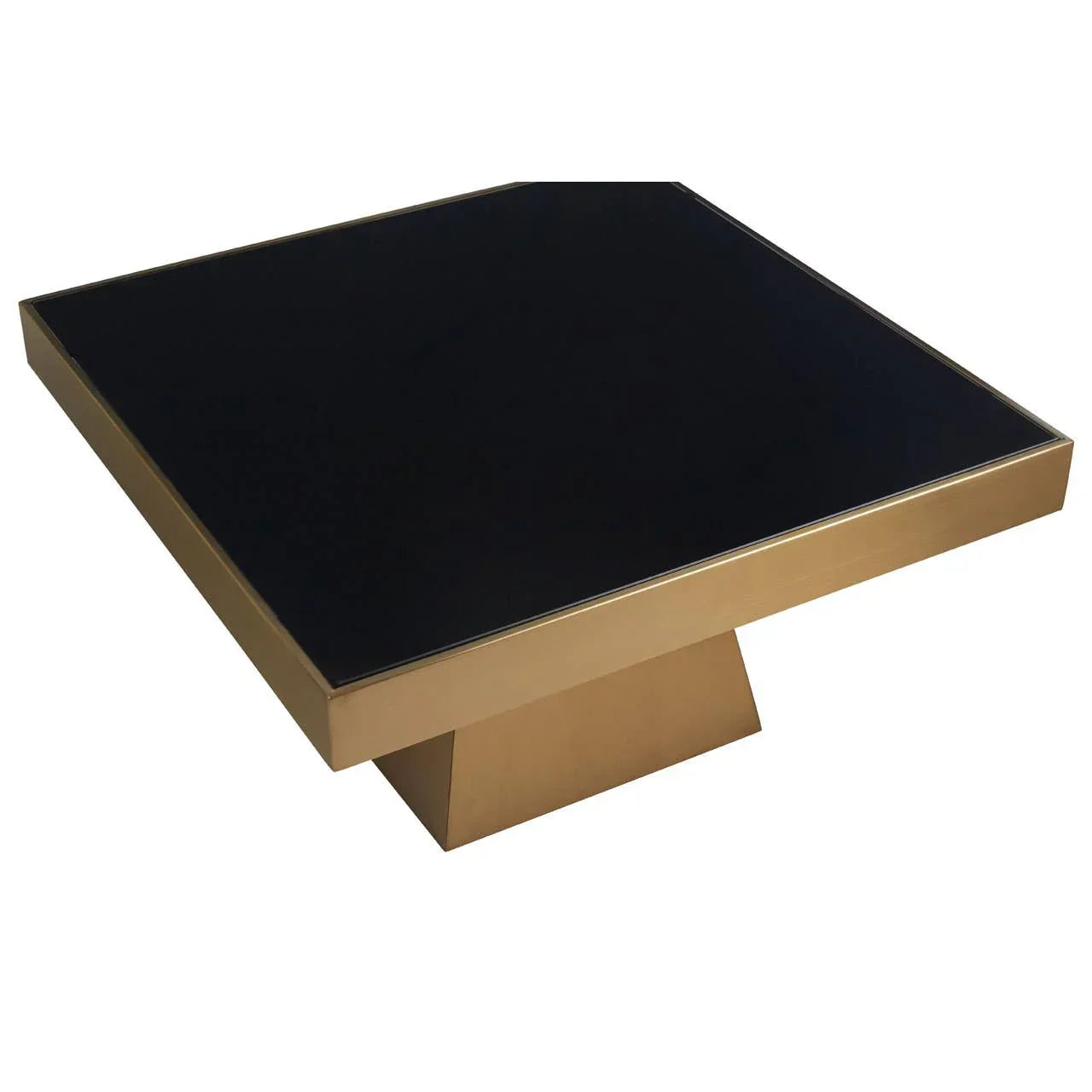 Square black glass coffee table with gold metal base, angled front view