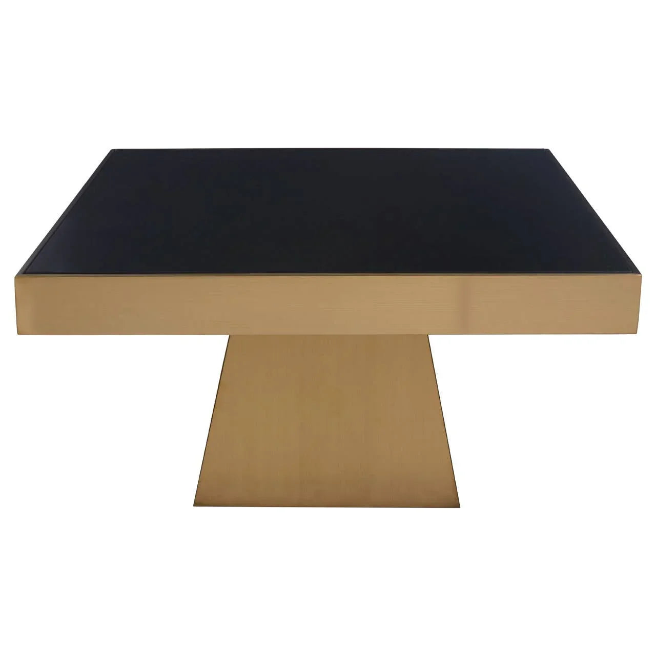 Square dining table with black top and gold pedestal base