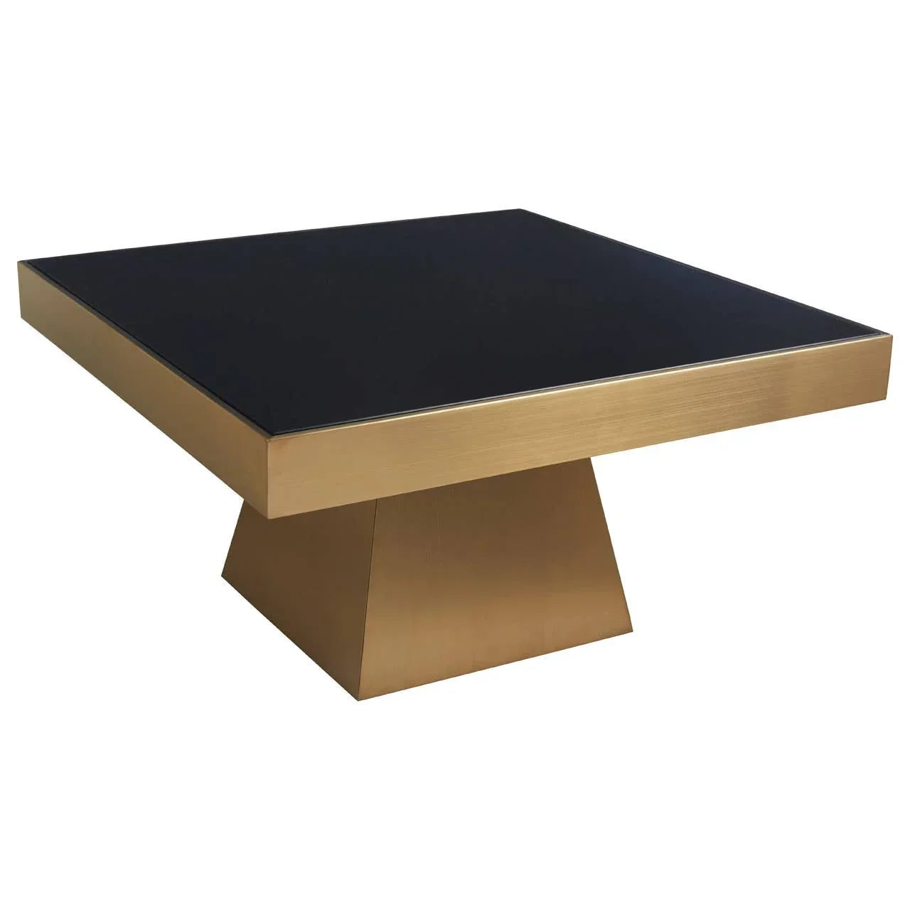 Square coffee table with black glass top and gold base on white background