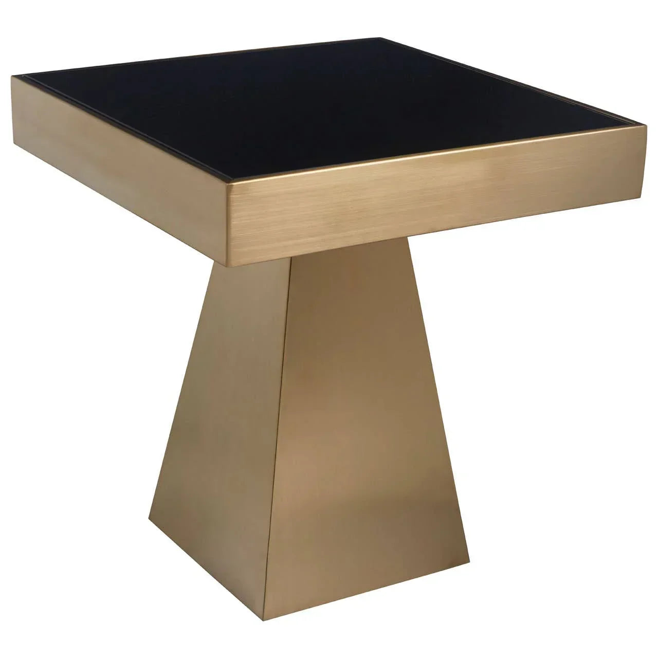 Square side table with black glass top and gold metal base, modern geometric design