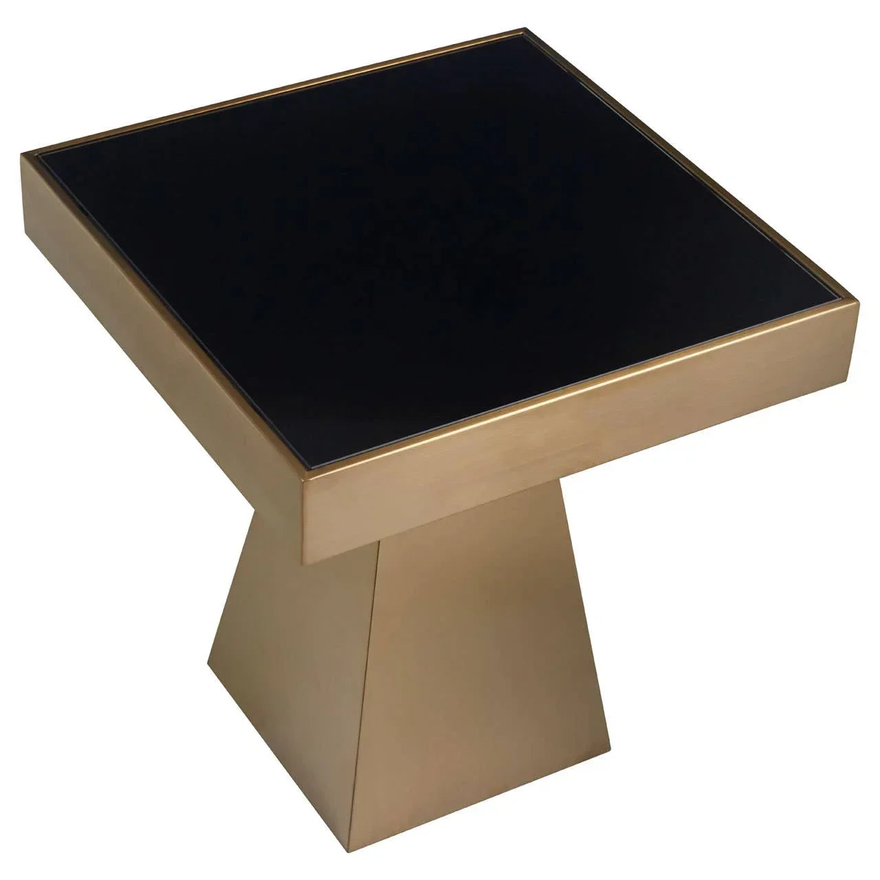 Square gold metal side table with black glass top and geometric base