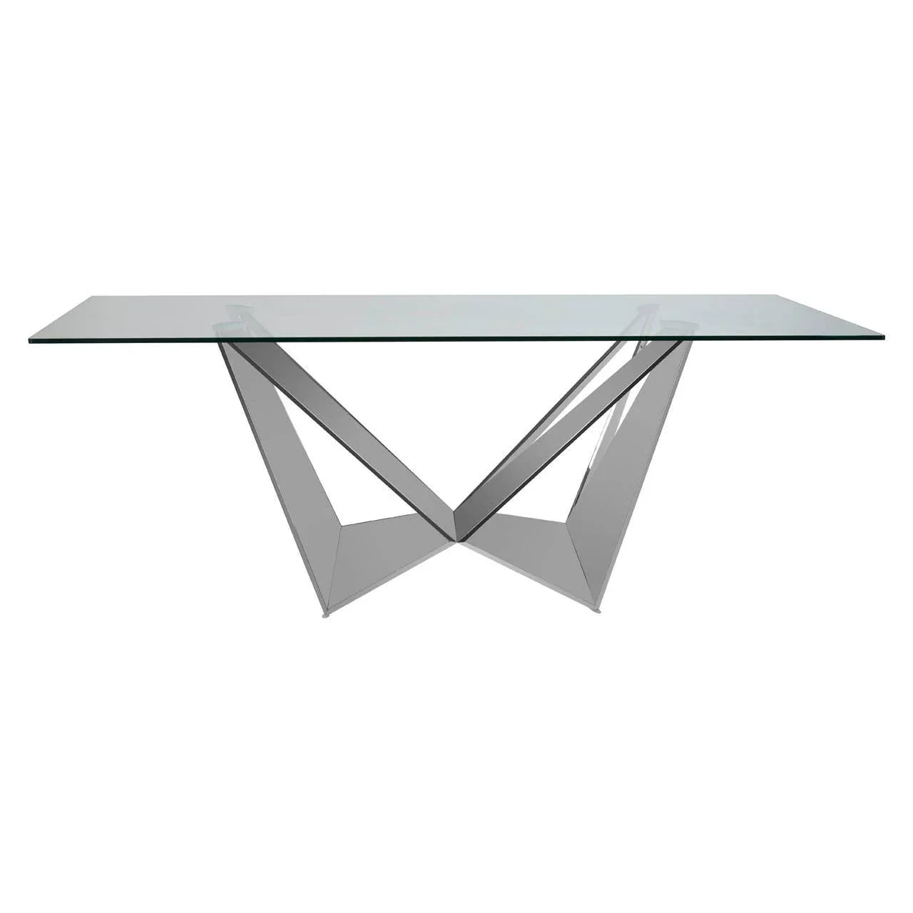Rectangular glass dining table with geometric chrome metal base, front view