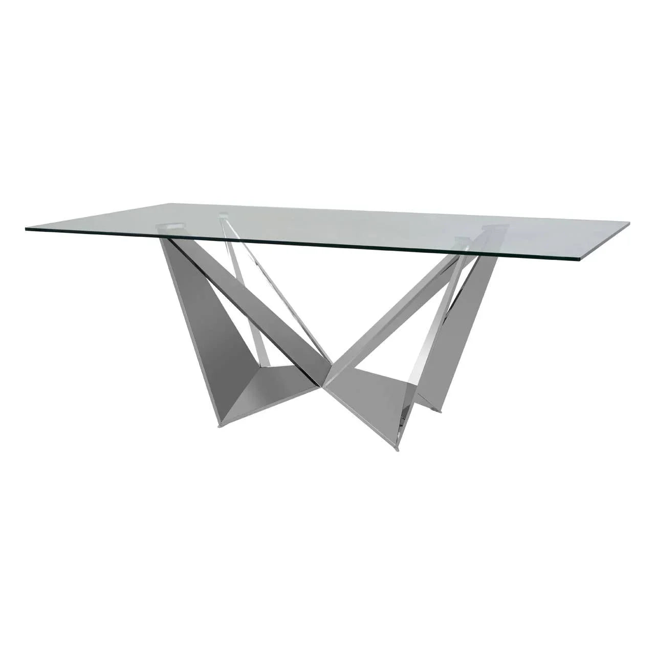 Rectangular glass dining table with geometric chrome metal base